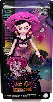 Monster High Scare-adise Island Draculaura Doll with Swimsuit Sarong & Beach Accessories such as Hat Sun Protection & Carry Bag Pink Red