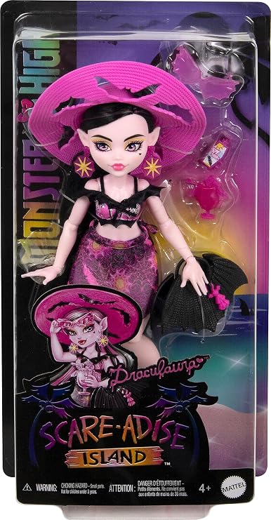 Monster High Scare-adise Island Draculaura Doll with Swimsuit Sarong & Beach Accessories such as Hat Sun Protection & Carry Bag Pink Red