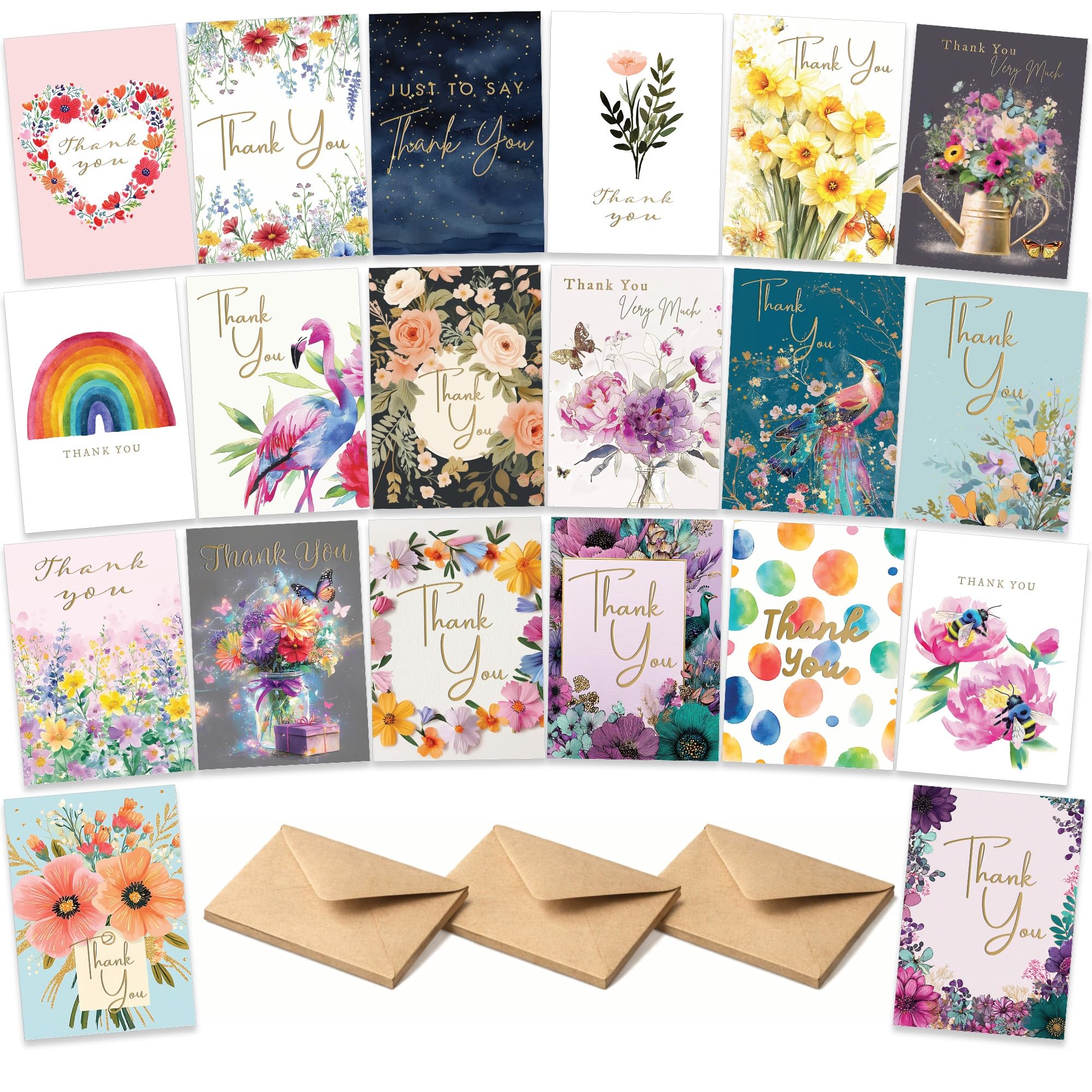 20 Thank You Cards with Envelopes, Floral Gold Foil Pack, Blank Greeting Sheets for Handwritten Message, Bulk Multipack Gift Set, Assorted Thank You Decor Notes, Eco-friendly