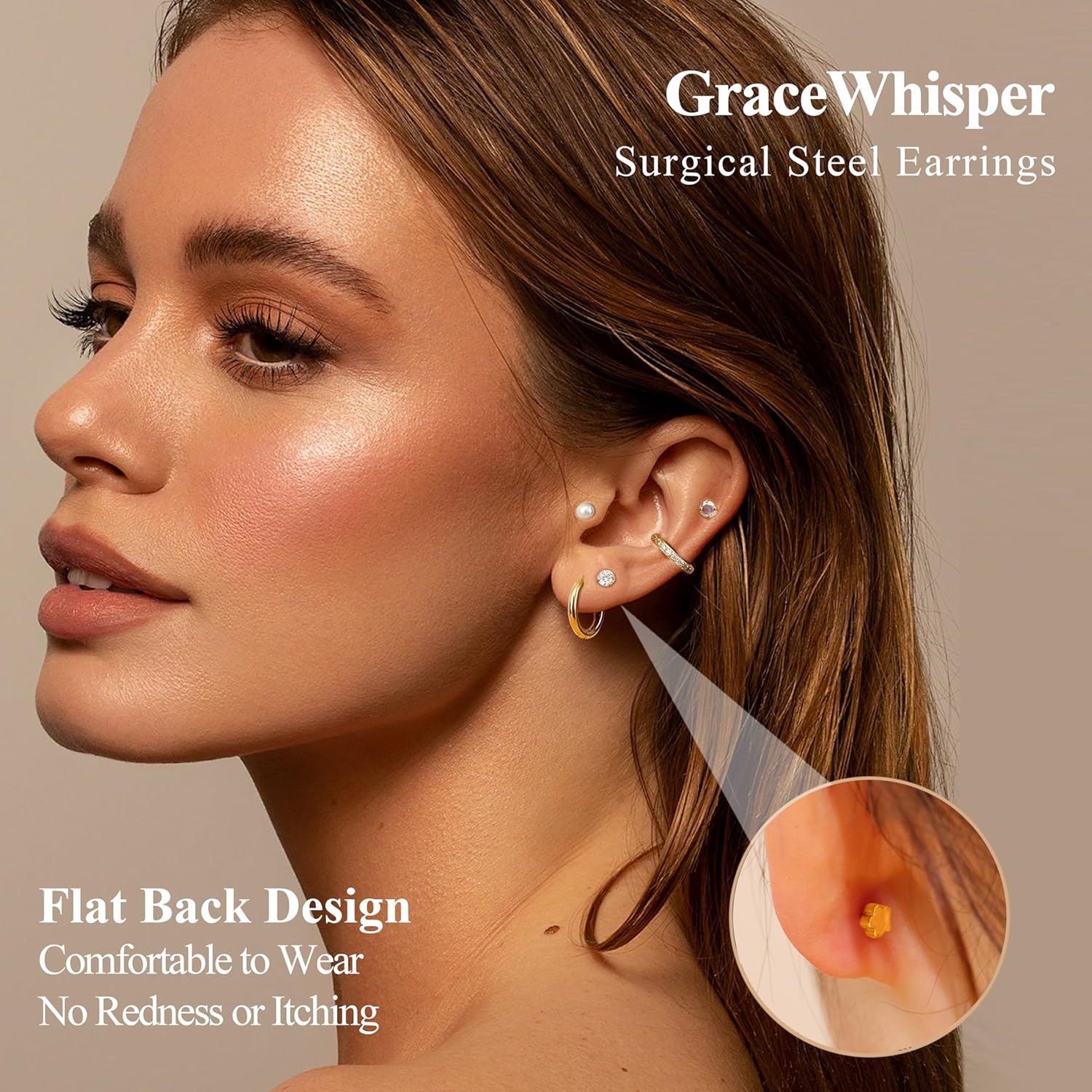 Grace Whisper 15 Pairs Flat Back Stud Earrings For Women Men 14K Gold Plated Hypoallergenic Surgical Steel Flatback Stud Earrings Cartilage Helix Tragus Conch Hoop Earrings Set for Multiple Piercing Jewelry - Image 3