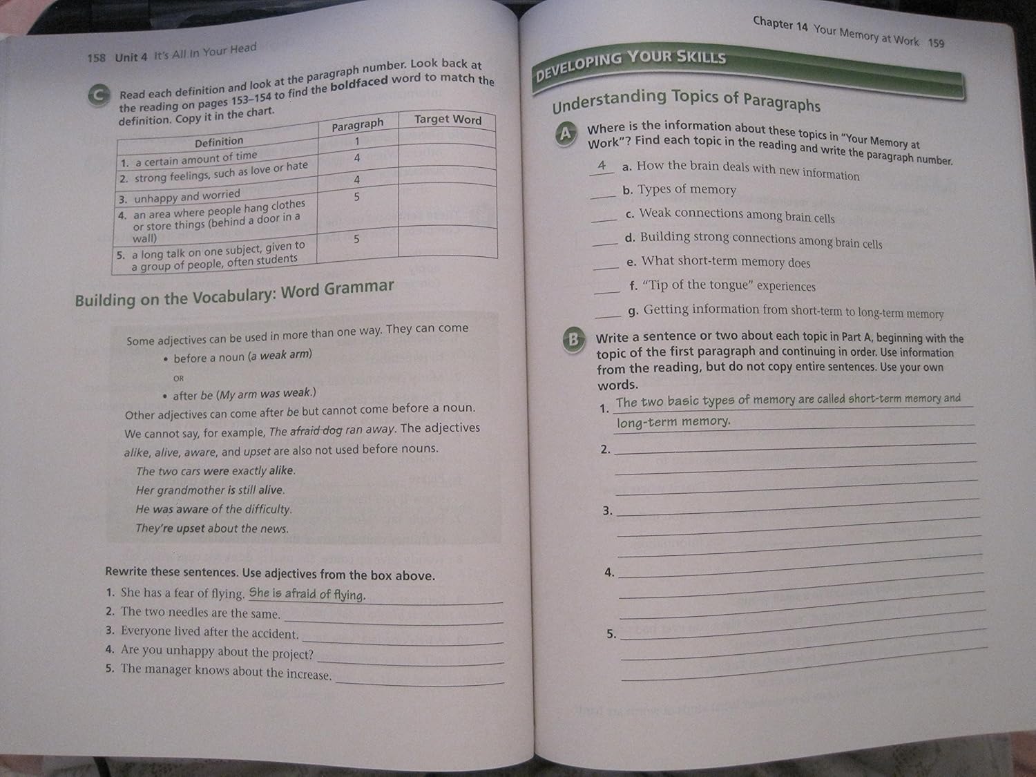 Page 158-159 of New Password 3 showing 'Developing Your Skills' and 'Building on the Vocabulary: Word Grammar'