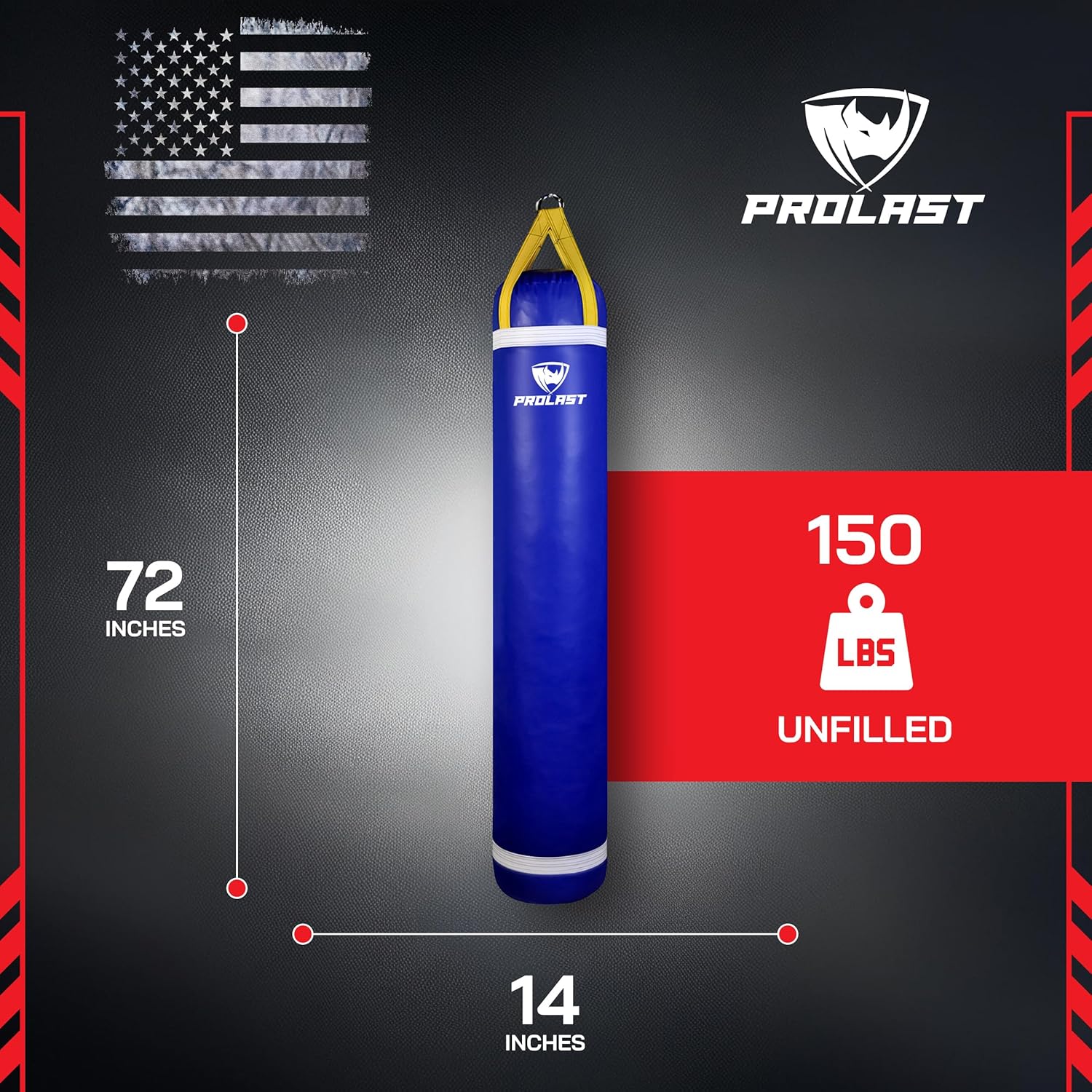 PROLAST Heavy Punching Kicking Bag for Adults, Boxing, MMA, Martial Arts, Muay Thai, Kickboxing, Strength Training Equipment, 6ft, 150 lbs, Rhino Logo