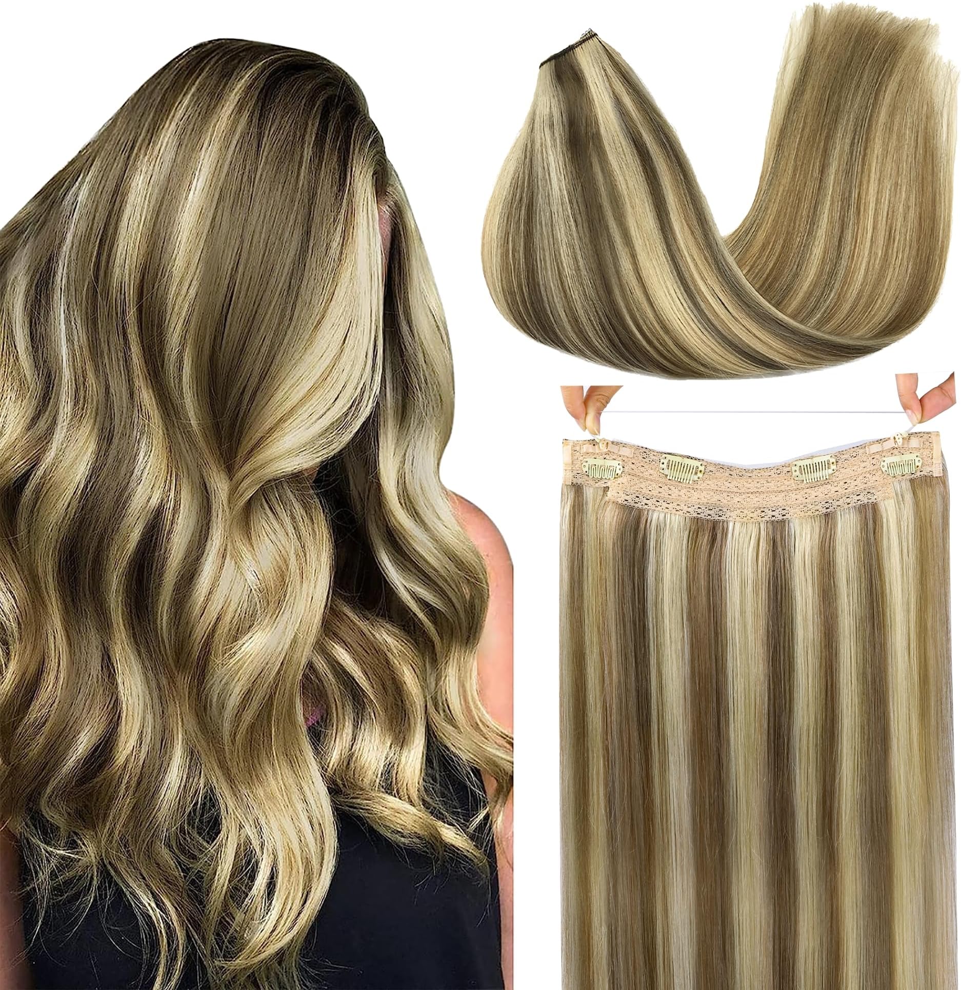 GOO GOO Human Hair Extensions 14 Inch 75g Medium Brown Highlighted Golden Blonde Wire Hair Extensions Thick Straight Hairpiece Real Remy Hair for Women