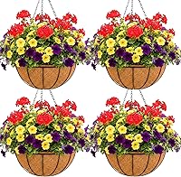 Vista 12 de Cestas colgantes de metal de 14 pulgadas para plantas al aire libre, paquete de 4, cestas colgantes redondas de alambre de metal con revestimiento