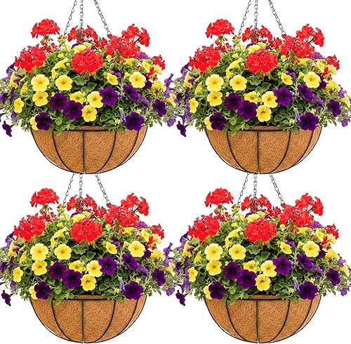 Miniatura 12 de Cestas colgantes de metal de 14 pulgadas para plantas al aire libre, paquete de 4, cestas colgantes redondas de alambre de metal con revestimiento