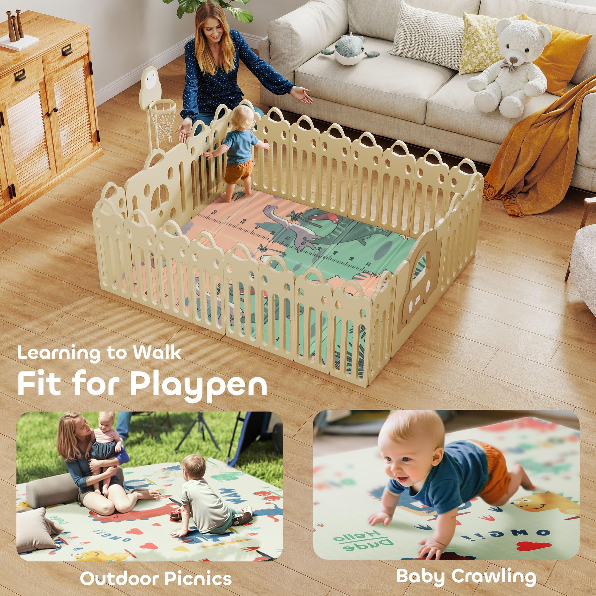 AIYAPLAY Baby-Spielmatte faltbar 177 x 146 x 1,5 cm Dinosaurier-Motiv | Doppelseitig, wendbare Spielmatte, wasserdichte Schaumstoff-Krabbelmatte, für Innen & Außen Picknick