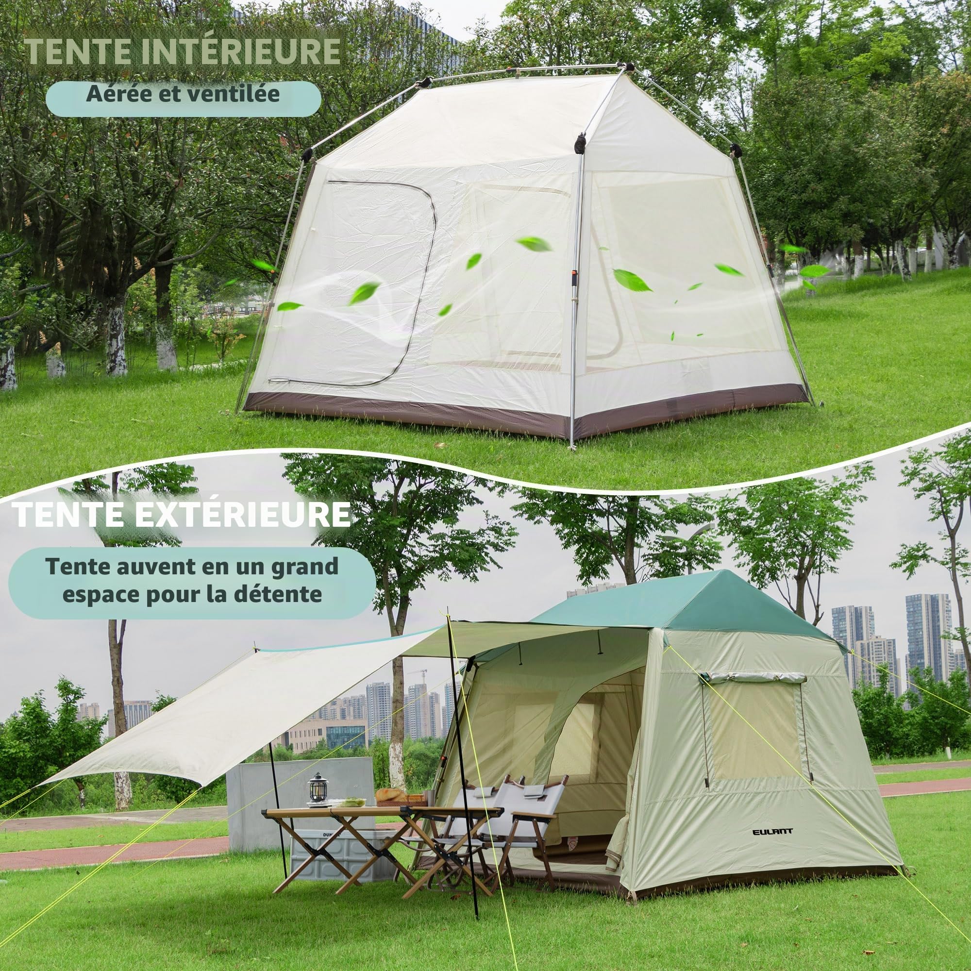 EULANT Tente Familiale pour 4 Personnes, Tente Quick-up Etanche, Grande Tente Blackout avec Porche pour Camping,Tente de 2 Etage