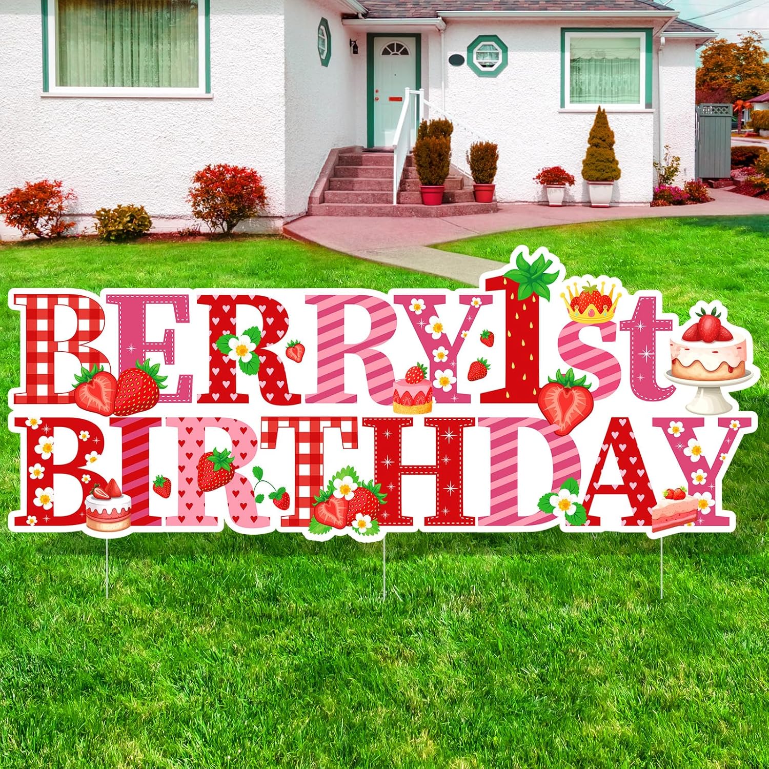 1PC Strawberry First Birthday Decorations Yard Signs with Stakes Berry 1st Yard Decor for Baby Shower First Bday Sweet One Red Strawberry Birthday Lawn Sign for Garden Outdoor Party Supplies