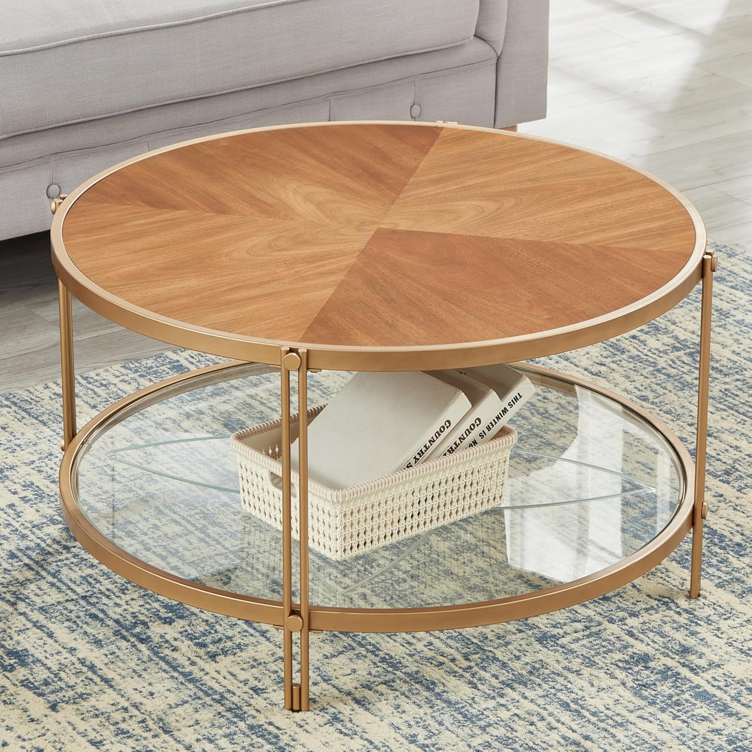 32" Round Wood Coffee Table with Glass Bottom, Circle Coffee Table with Wood Top ＆ Metal Frame, Small Center Table for Living Room, Apartment (32" Dx32 Wx18 H, Gold)