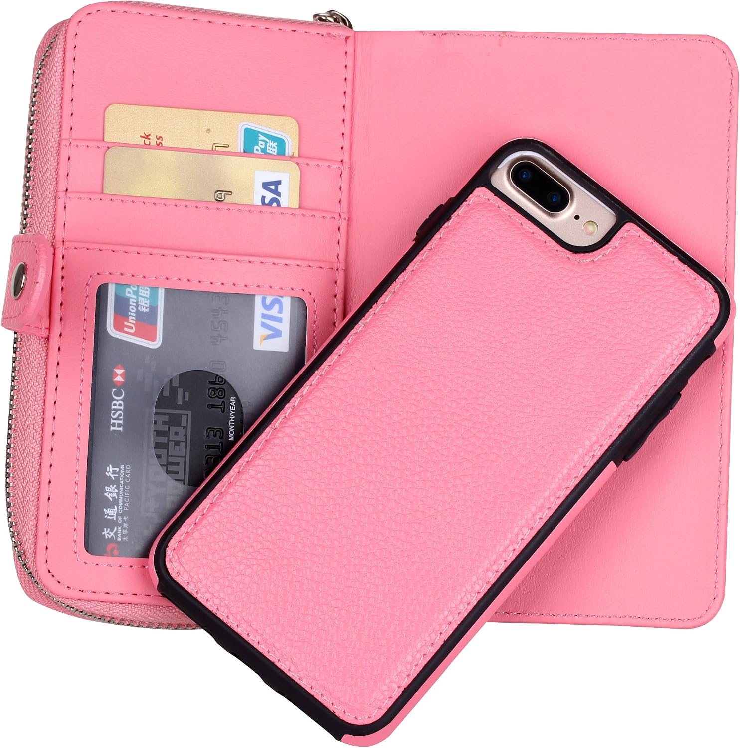 iPhone 8 Plus Case, iPhone 7 Plus Case, DRUnKQUEEn Zipper Wallet Type Flip Premium Leather Credit Card Holder Case with Wrist Strap - Detachable Magnetic Back Cover for iPhone 7Plus / iPhone 8Plus