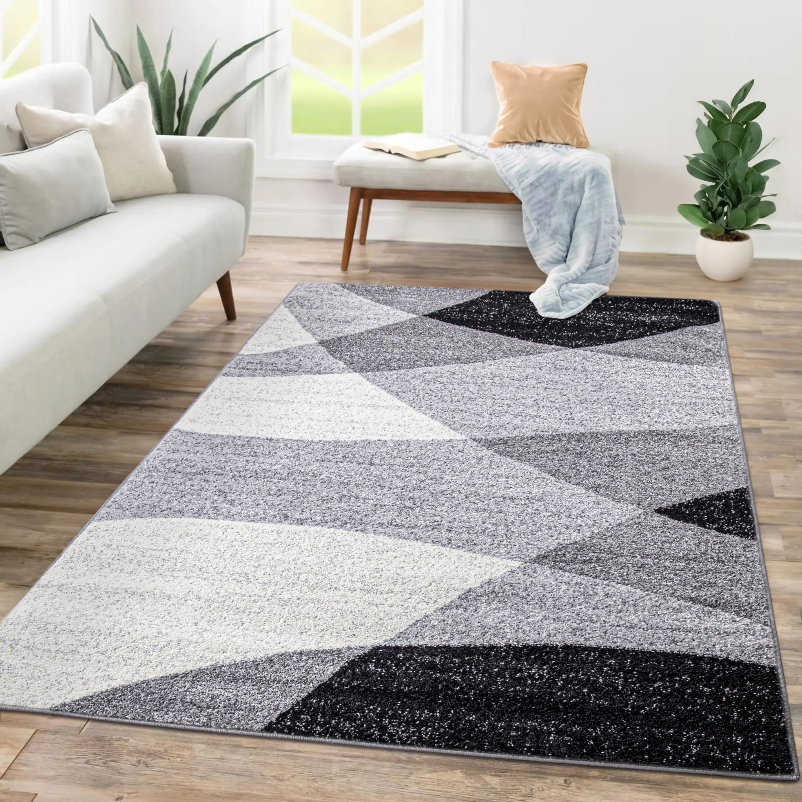 Tapis Salon Chambre Adulte 60x110 Cm - Poils Ras Motif Géométrique Gris - 100% Polypropylène