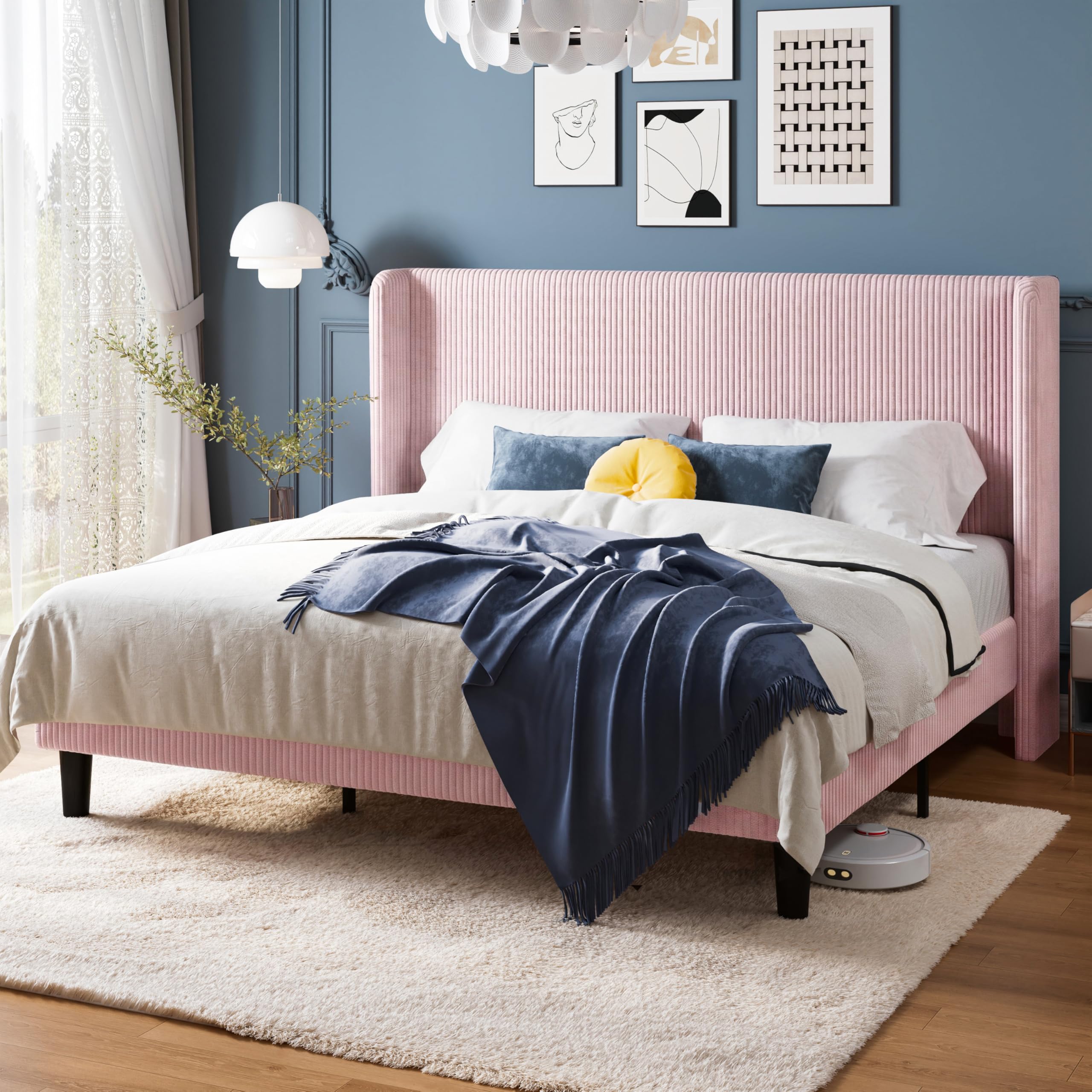 Allewie King Size Platform Bed with Corduroy Wingback Headboard, Pink