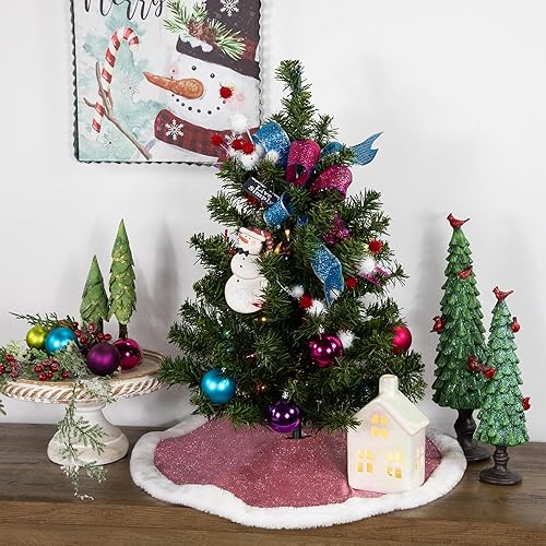 Miniatura 2 de Mini falda de árbol de Navidad con purpurina rosa de 20 pulgadas con ribete de piel blanca