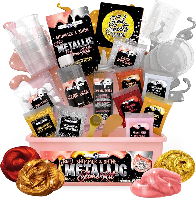 Slime Kit for Girls Ages 8-12 - Rose Gold, Metallic Shimmer & Shine Mini - DIY Slime Kit with Glue & Activator, Glitter & Bling Beads - Creative Mixing Activity