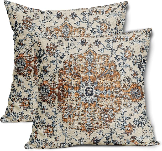 Brown Navy Blue Ethnic Boho Pillow Covers 18X18 Inch Bohemian Carpet Vintage Pillow Cases Gold Black Tan Floral Throw Pillow Set of 2 Home Decor for Room Bedroom Outdoor Porch Patio Cushion