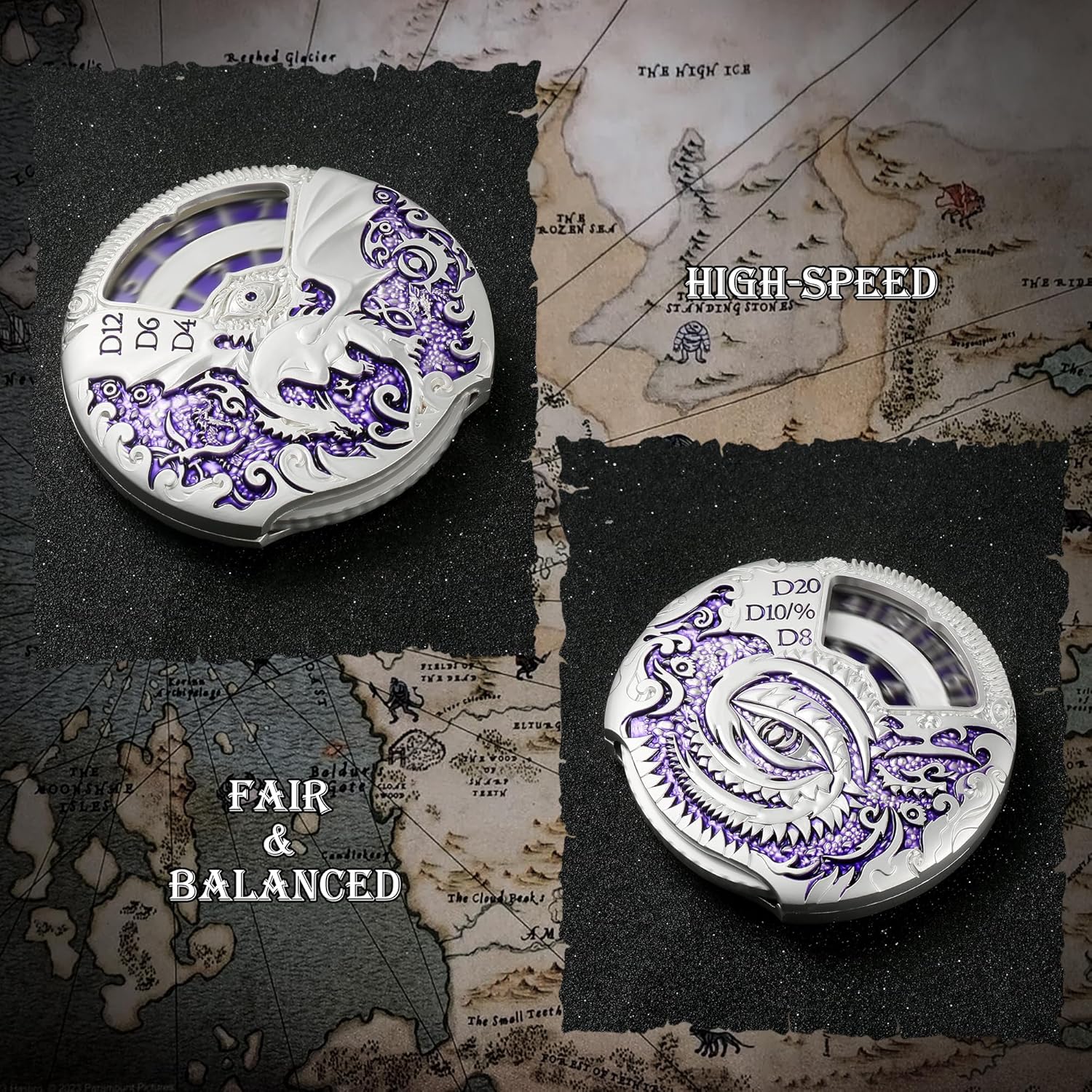 DNDND Dungeons and Dragons Roulette Spinner Dice 7-in-1 Spinner Metal D&D Dice Set with Gorgeous Gift Box for Dungeons and Dragon and Tabletop Game (Silver with Purple)