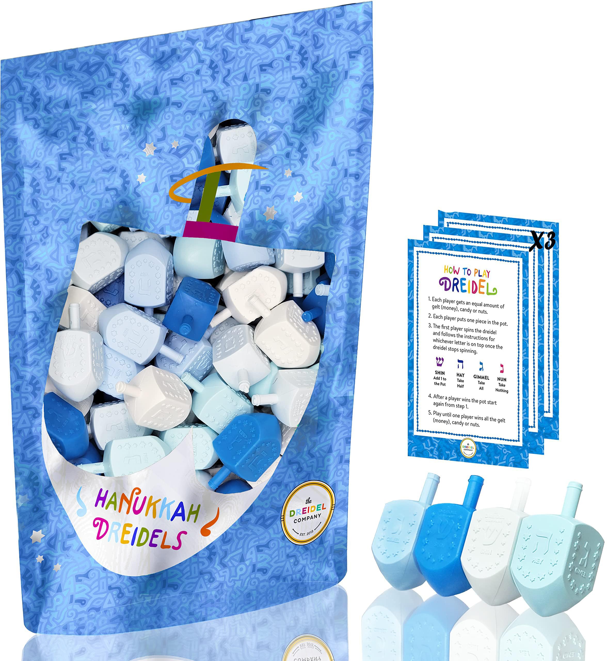 The Dreidel Company Hanukkah Blue and White Plastic Pastel Colored Dreidel, for Children, Boys and Girls, Party Favors (200-Pack)