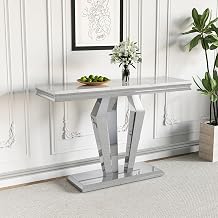 Marble Console Table with Diamond-Shape Stainless Steel Base - Modern Faux Marble Rectangular Entryway Table, Accent Tables for Living Room, Hallway, Entrance - Silver & White