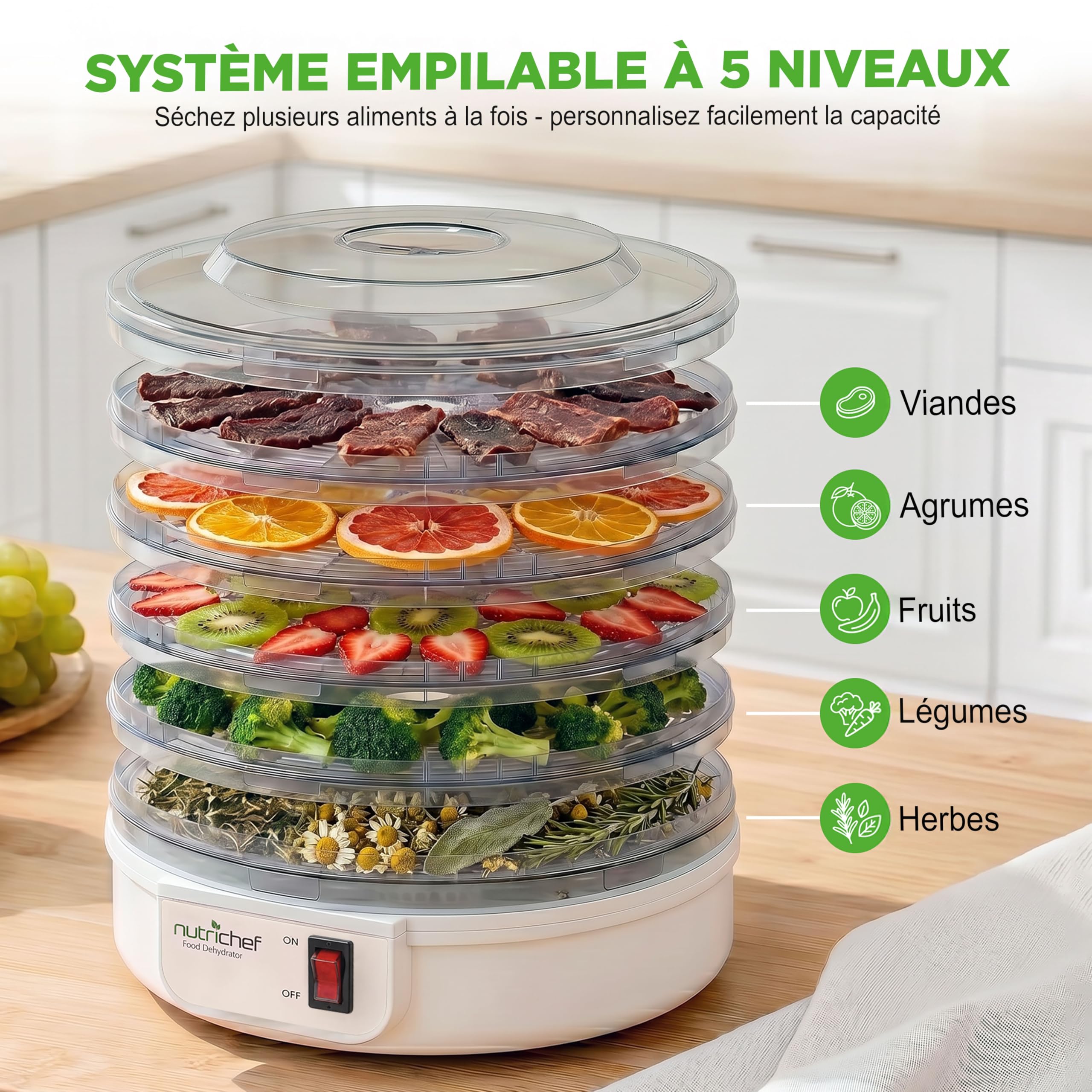 Nutrichef Déshydrateur Alimentaire 5 Niveaux – Séchoir Électrique pour Fruits Légumes et Viande – Température Réglable et Séchage Uniforme pour Snacks Maison et Conservation