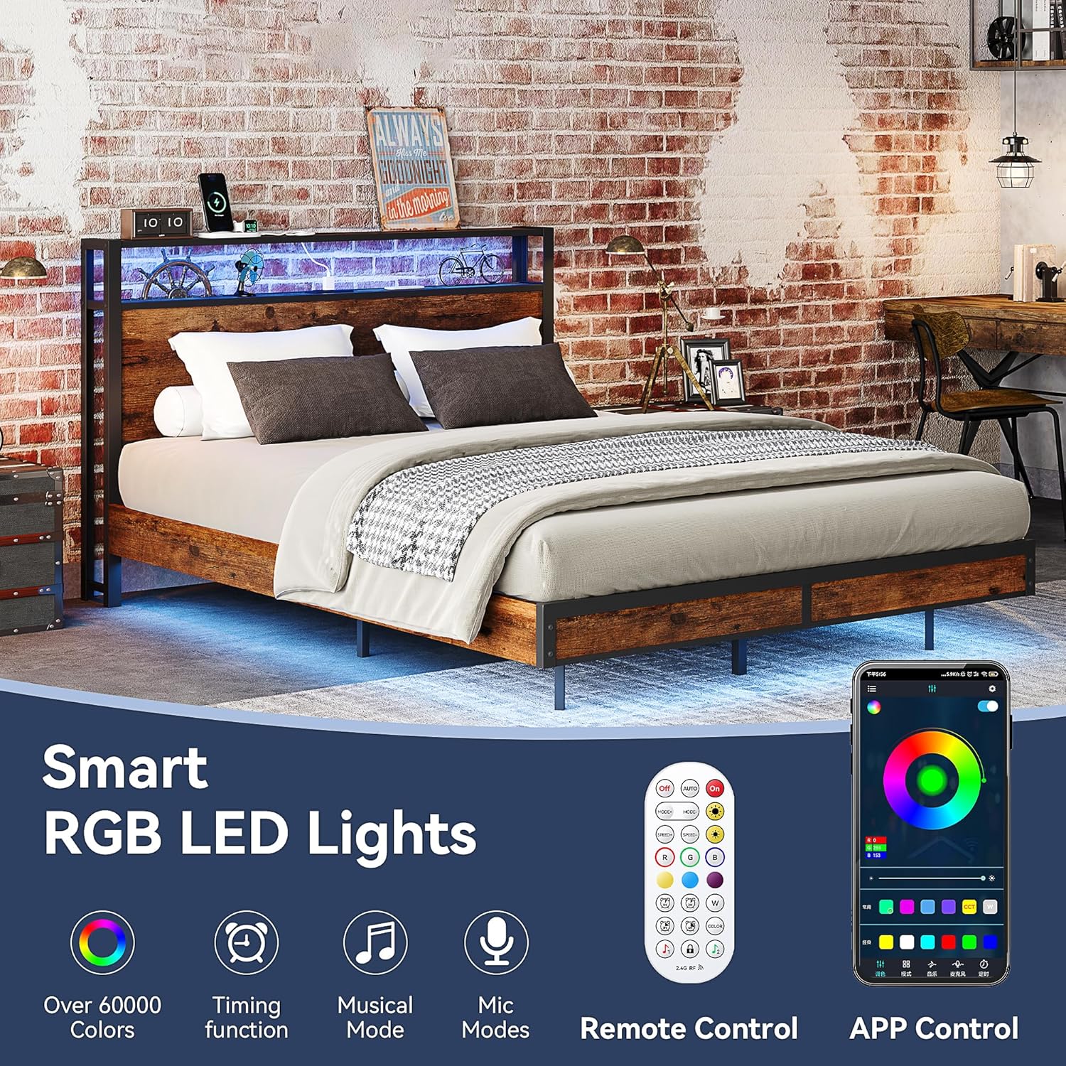 Queen Bed Frame with Storage Headboard and Charging Station, Metal Bedframe with LED Lights, Queen Size Platform Bed with Heavy Duty Slats, 100% Anti-Slip Mattress, No Box Spring Needed, Rustic Brown