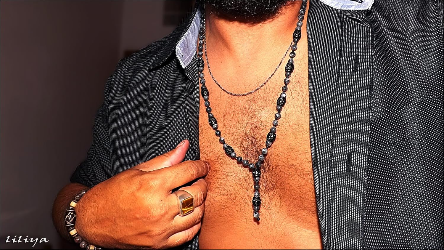 Liliya Jewelry Men’s Labradorite Beaded Necklace – Handmade Y-Style with Genuine Gemstones – 26 Inch Spiritual Healing Crystal Pendant – Unique Boho Gift for Him