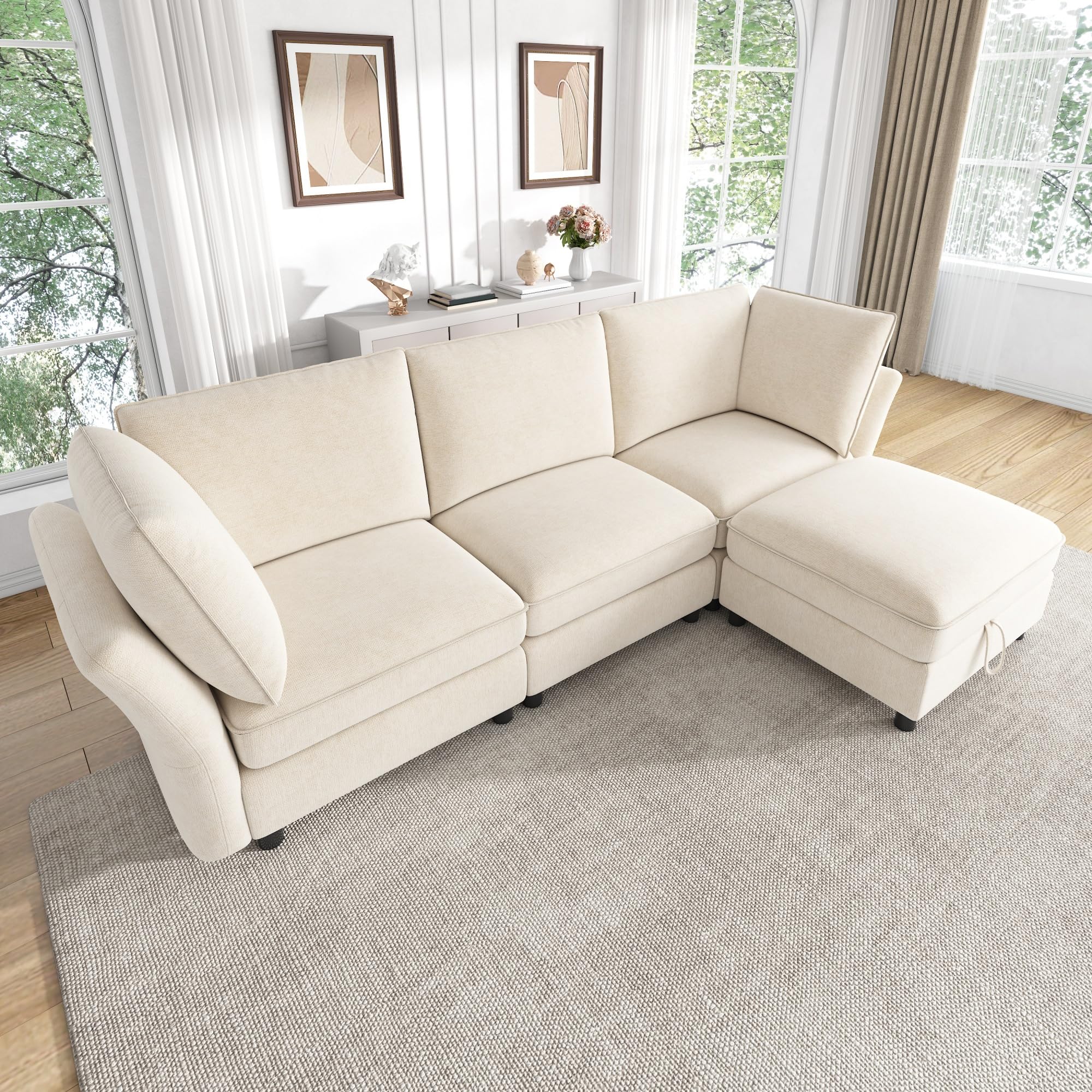 Sofá modular de esquina en L de 4 plazas en chenilla beige con taburete de almacenamiento