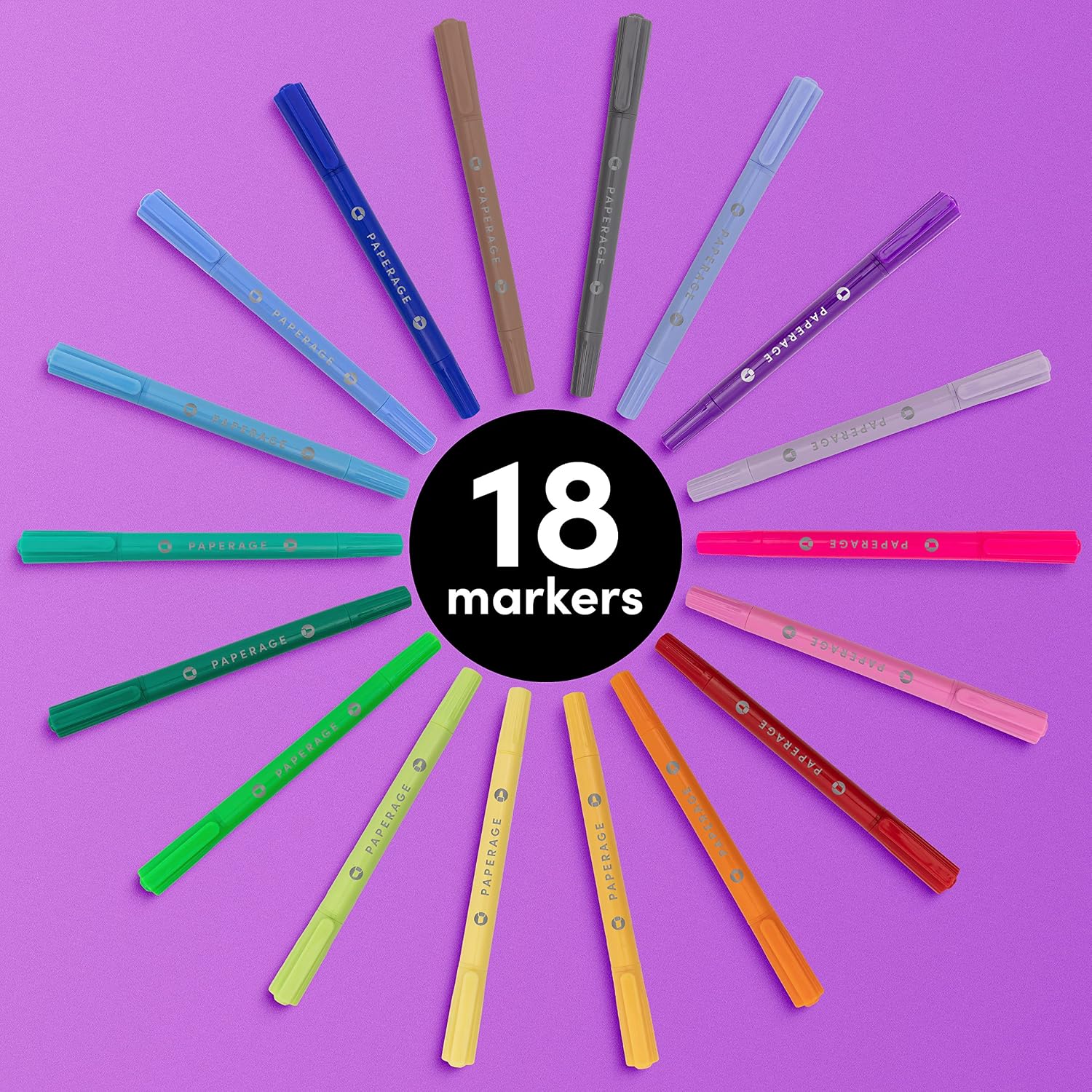 PAPERAGE Dual Tip Markers (3.4mm Chisel Tip + 1.5mm Round Tip), Rainbow, 18 Pack Dual Tip Coloring Markers for Drawing, Hand-Lettering, Pens Dual Tip Markers Journaling and More