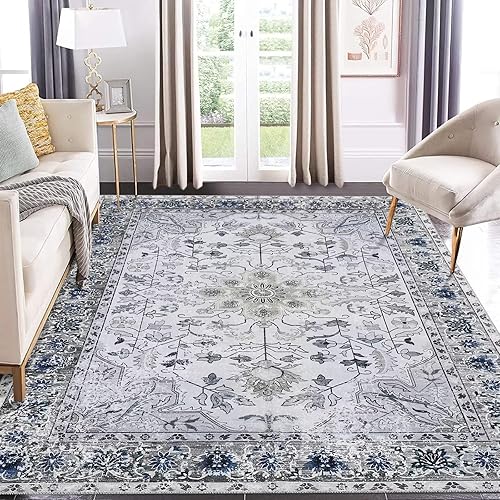 Miniatura 9 de COZYLOOM Alfombra de área de 8 x 10 pies, estilo bohemio, tribal, vintage, con medallón, grande, lavable, envejecida, oriental, antideslizante,