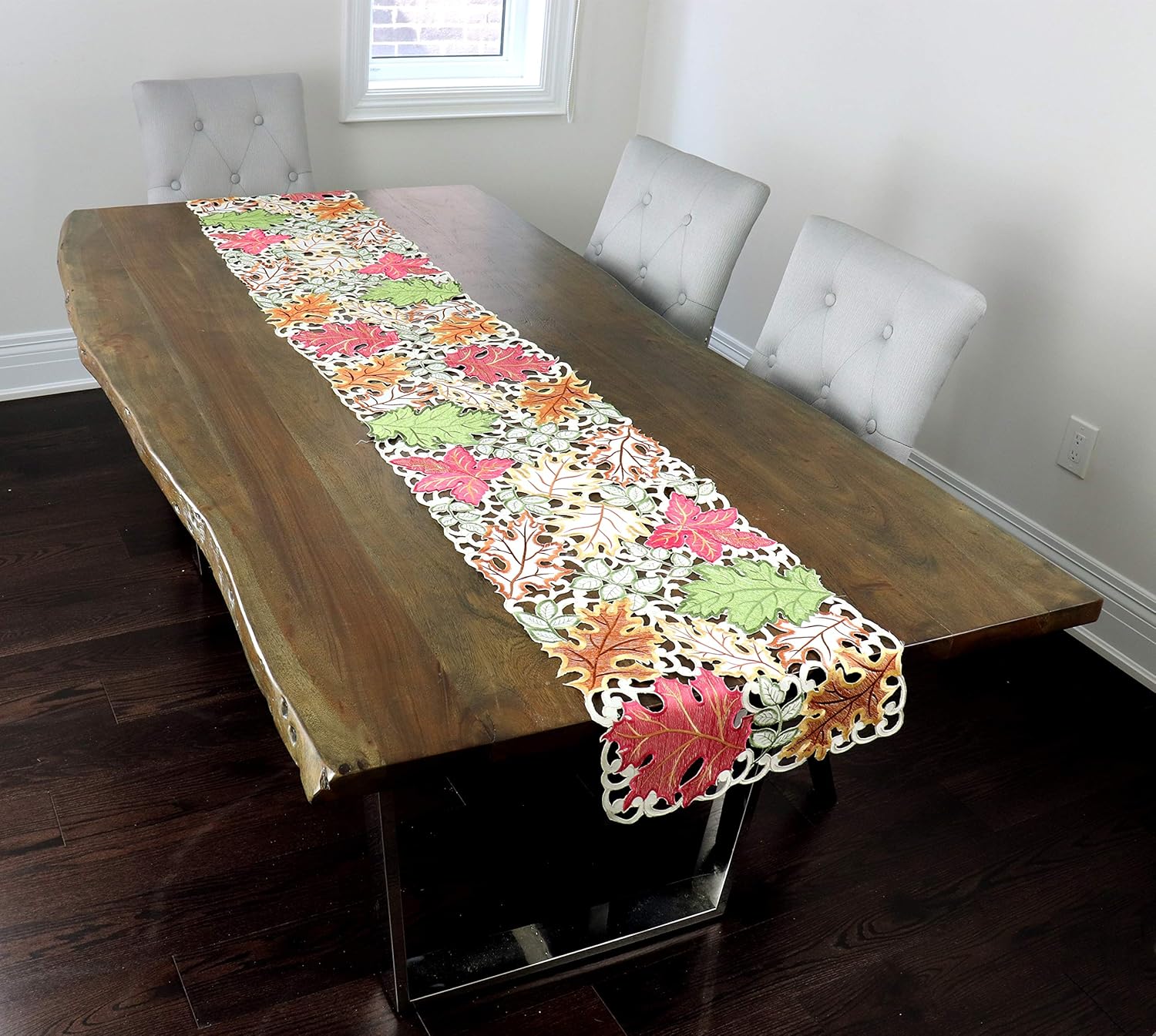 H & A Collection Marina Decoration Vintage Elegant Embroidered Cutwork Kitchen Dining Dresser Scarf and Table Runner, Thanksgiving Colorful Leaves with Ivory Base 16 x 90 Inch Rectangle (6-8 Chair)