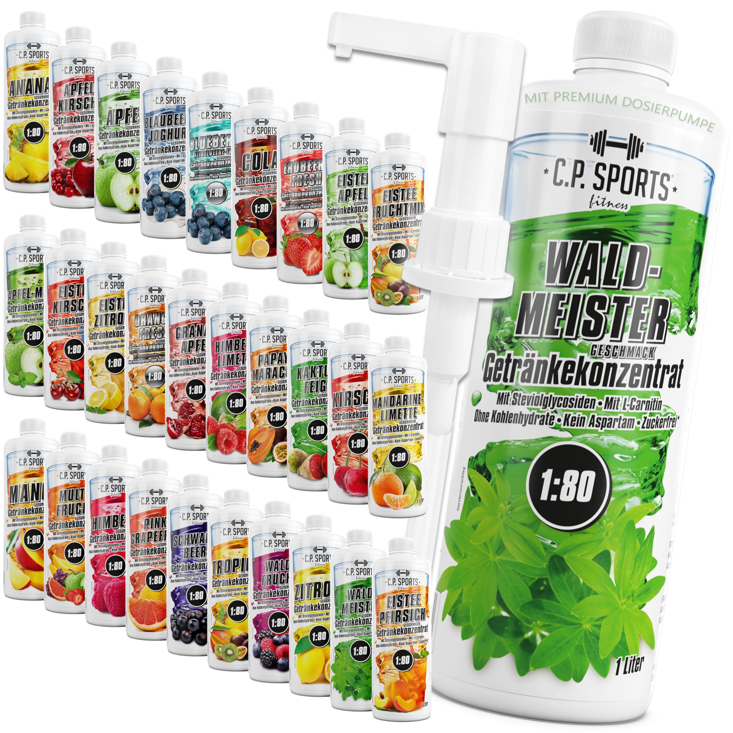 C.P. Sports Getränkesirup zuckerfrei, aspartamfrei, kalorienfrei 1:80 (ca. 80 Liter Fertiggetränk) + Dosierpumpe – Carnitin & Vitamine – Getränkekonzentrat Konzentrat Sirup – 1 Liter Apfel-Minze