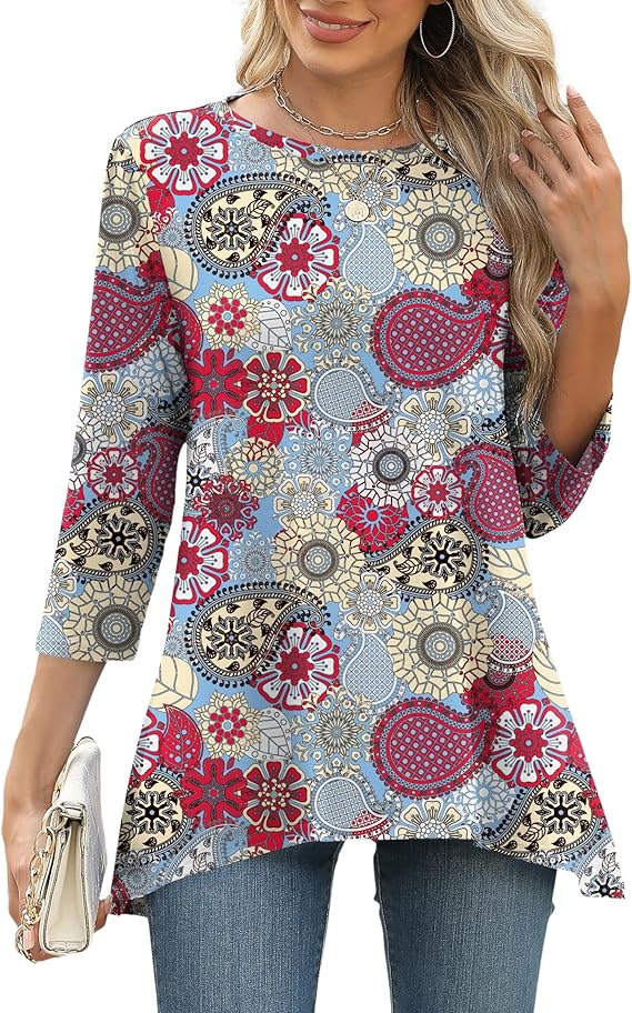 LOMON 3/4 Sleeve Tunic Tops for Women Loose Fit Dressy Casual Blouse Flowy Shirts to Wear with Leggings S-3XL