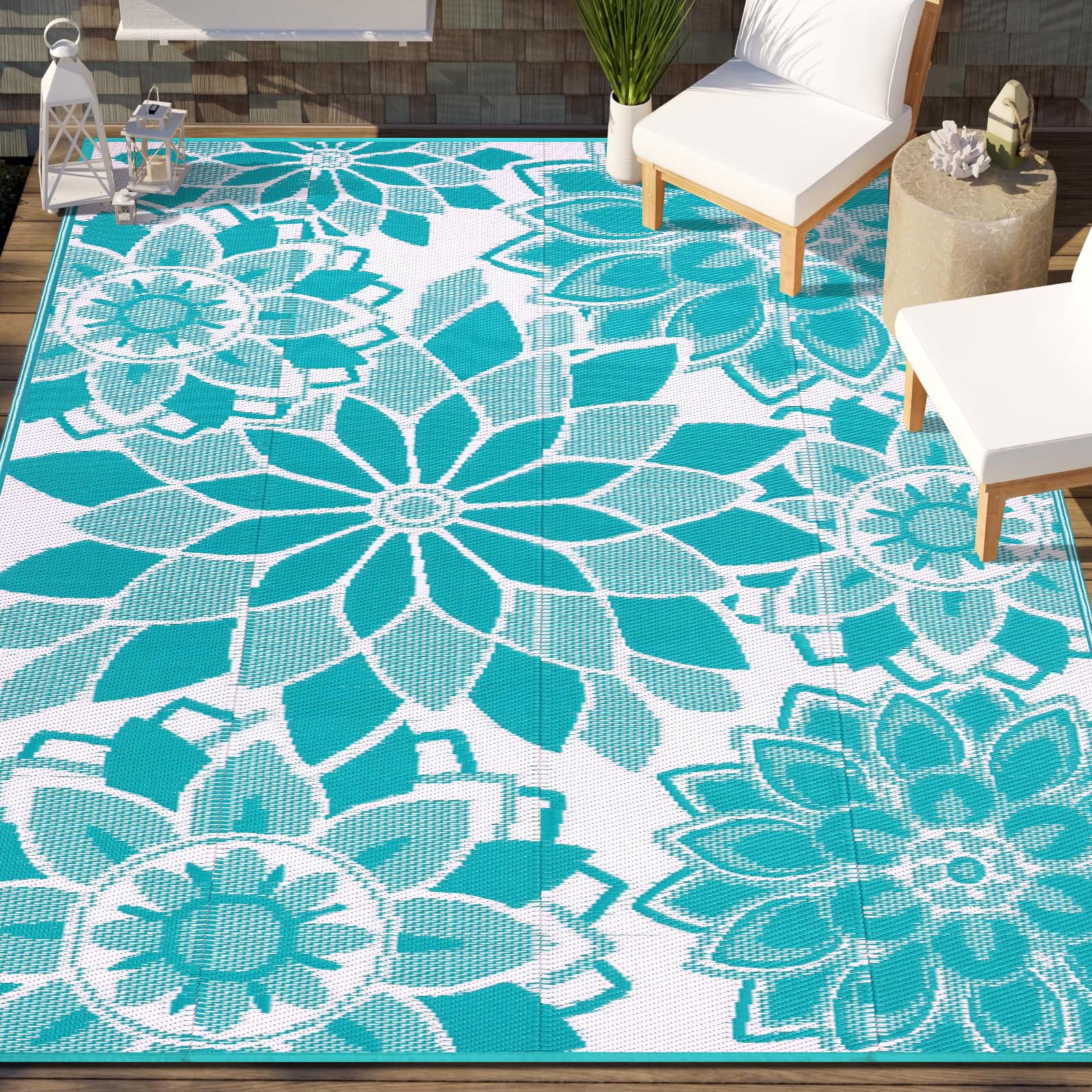 lokhom outdoor rug for patio, 9'x 12' reversible plastic straw area rugs mat, waterproof mat for camper indoor outdoor carpet for rv deck porch picnic beach balcony, teal & white