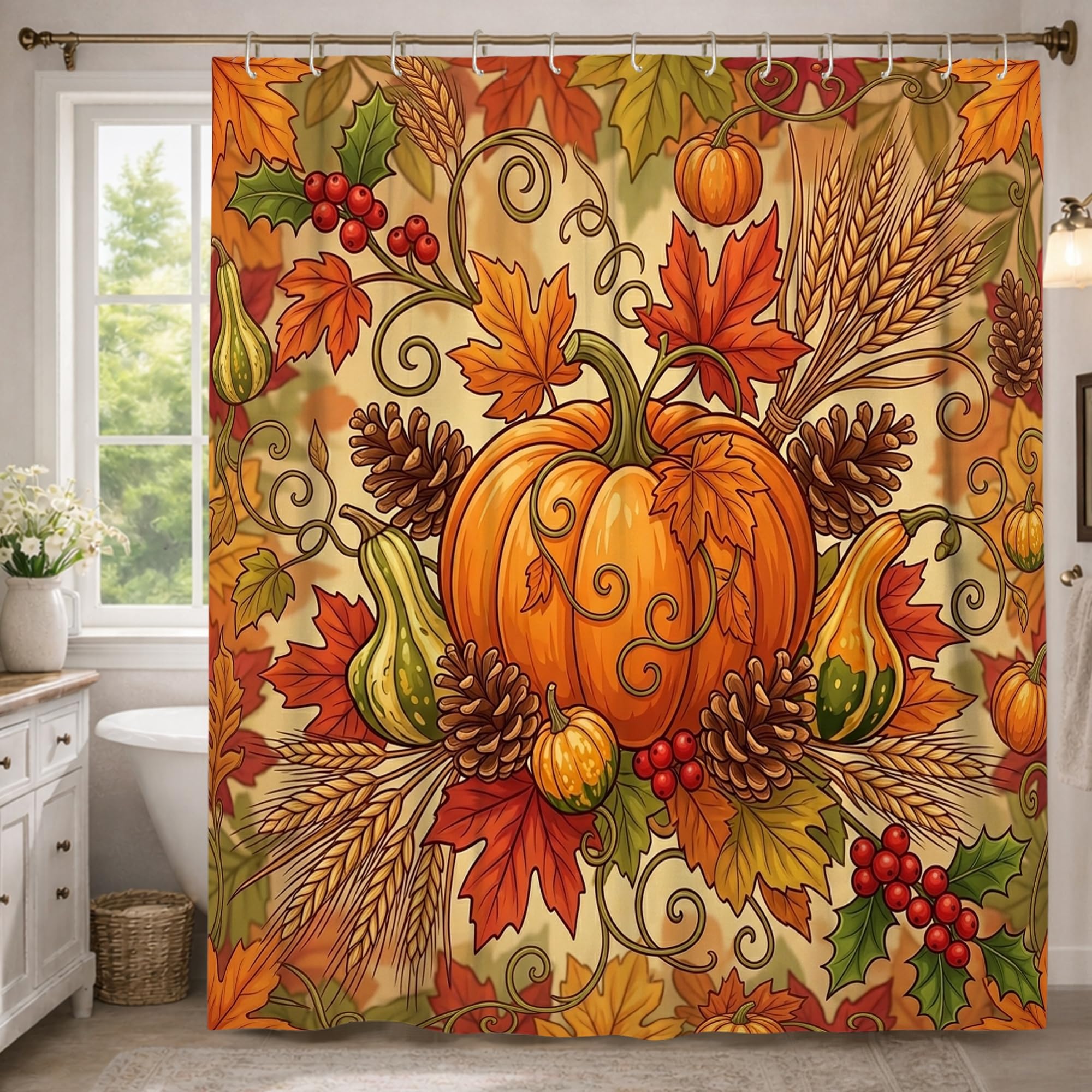 Rideau de douche extra long 183x243 cm lavable avec crochets motif citrouilles automne