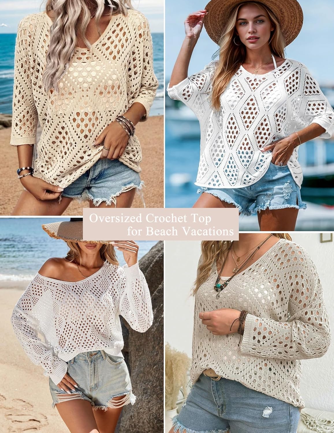 Zeagoo Women's 2026 Spring Summer Crochet Top Hollow Out 3/4 Sleeve Sweater Off Shoulder Beach Knit Coverup - Image 4