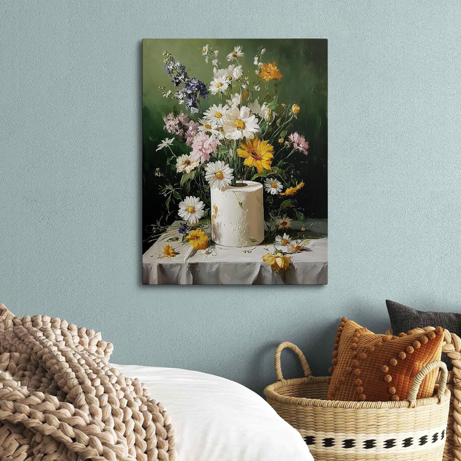 Framed Vintage Funny Bathroom Wall Art Toliet Paper Floral Painting Print, Funny Bathroom Art Canvas Decor, Ready to Hang Picture for Bathroom Walls‌ (16''x24'')