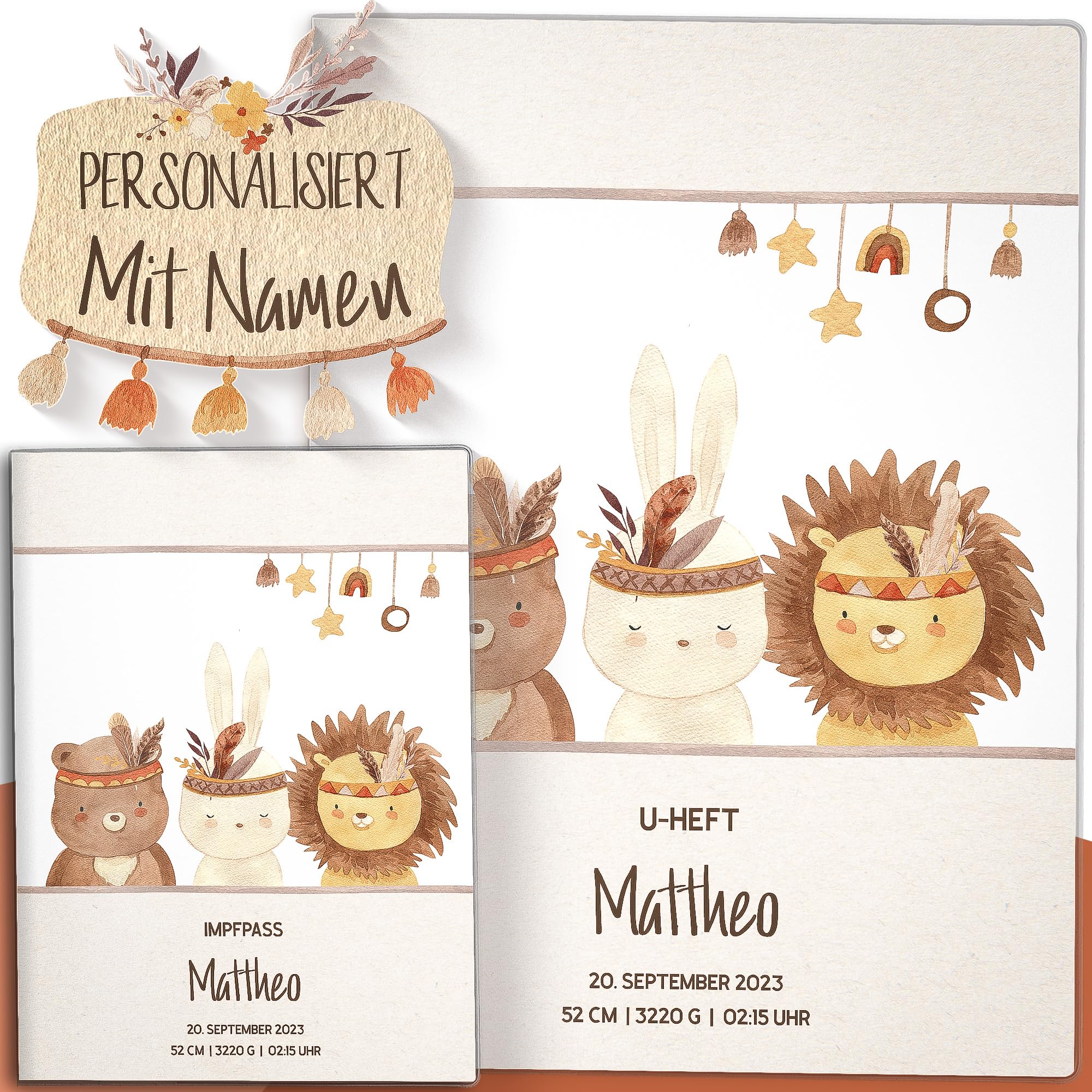 OLGS U-Heft und Impfpasshüllen Set 3-teilig Indianer Freunde Trio | Untersuchungsheft Hülle & Impfpasshülle, Schutzhüllen, Babygeschenk zur Geburt mit Namen - Impfpass, Uhefthülle personalisiert