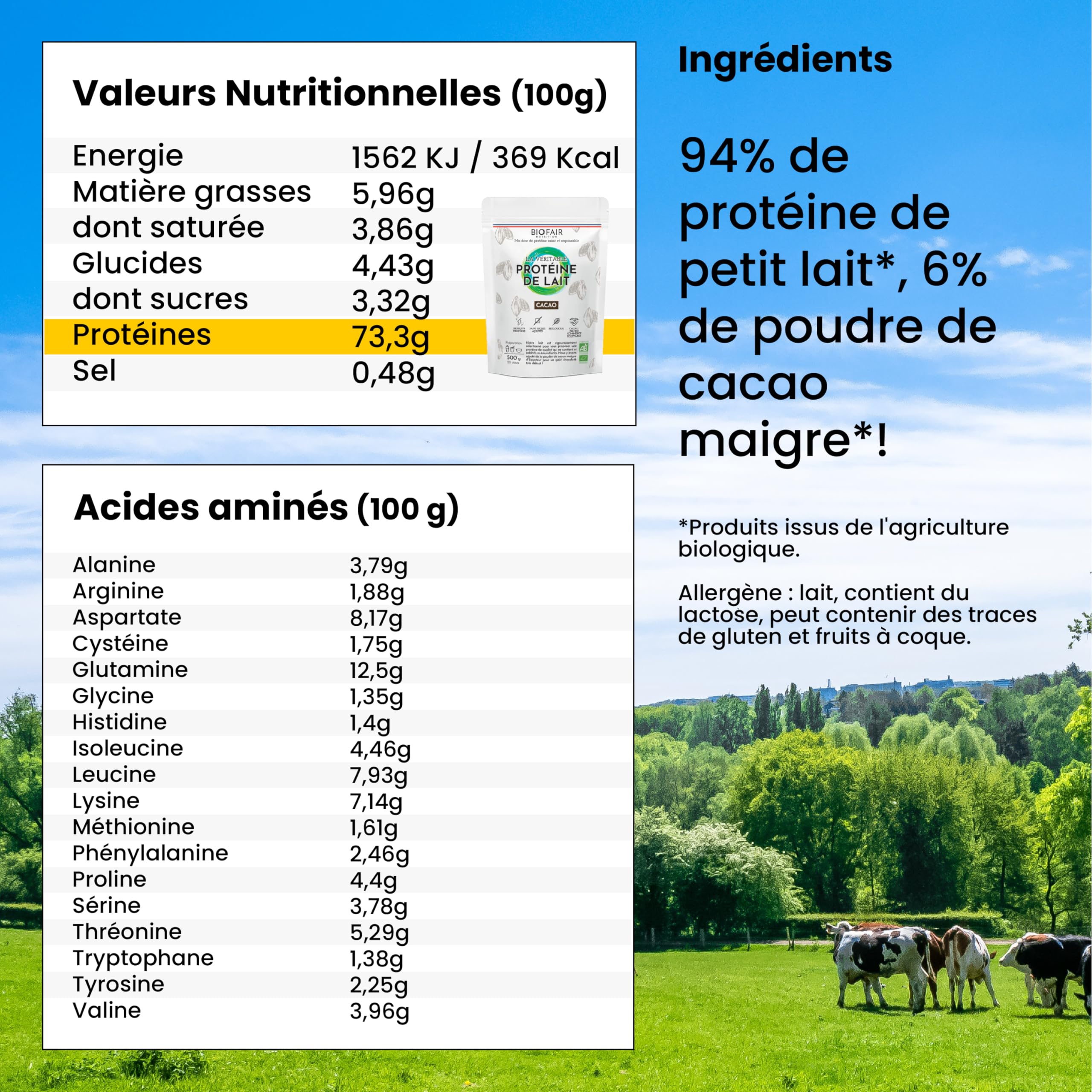 BIOFAIR ODŻYWCZENIE - ECONOMICZNY FORMAT 3 SACHES - Organiczne białko serwatkowe Kakao - 500g /20 dawek - 18,5 g białka/dawka - Moja dawka zdrowego i odpowiedzialnego białka - Wyprodukowano we Francji