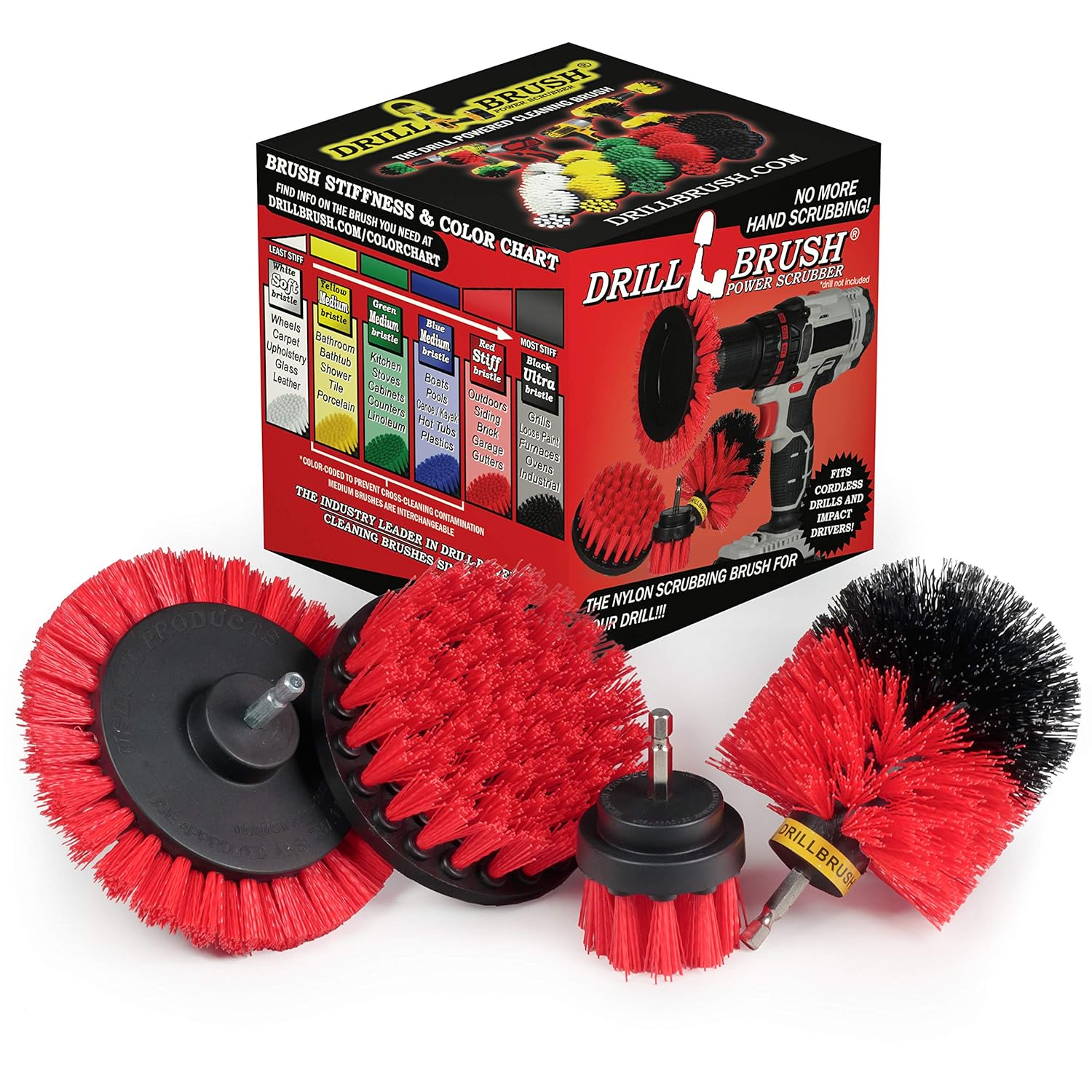 Drillbrush Red Outdoor Power Scrubber Brush Kit Garden, Patio, and
