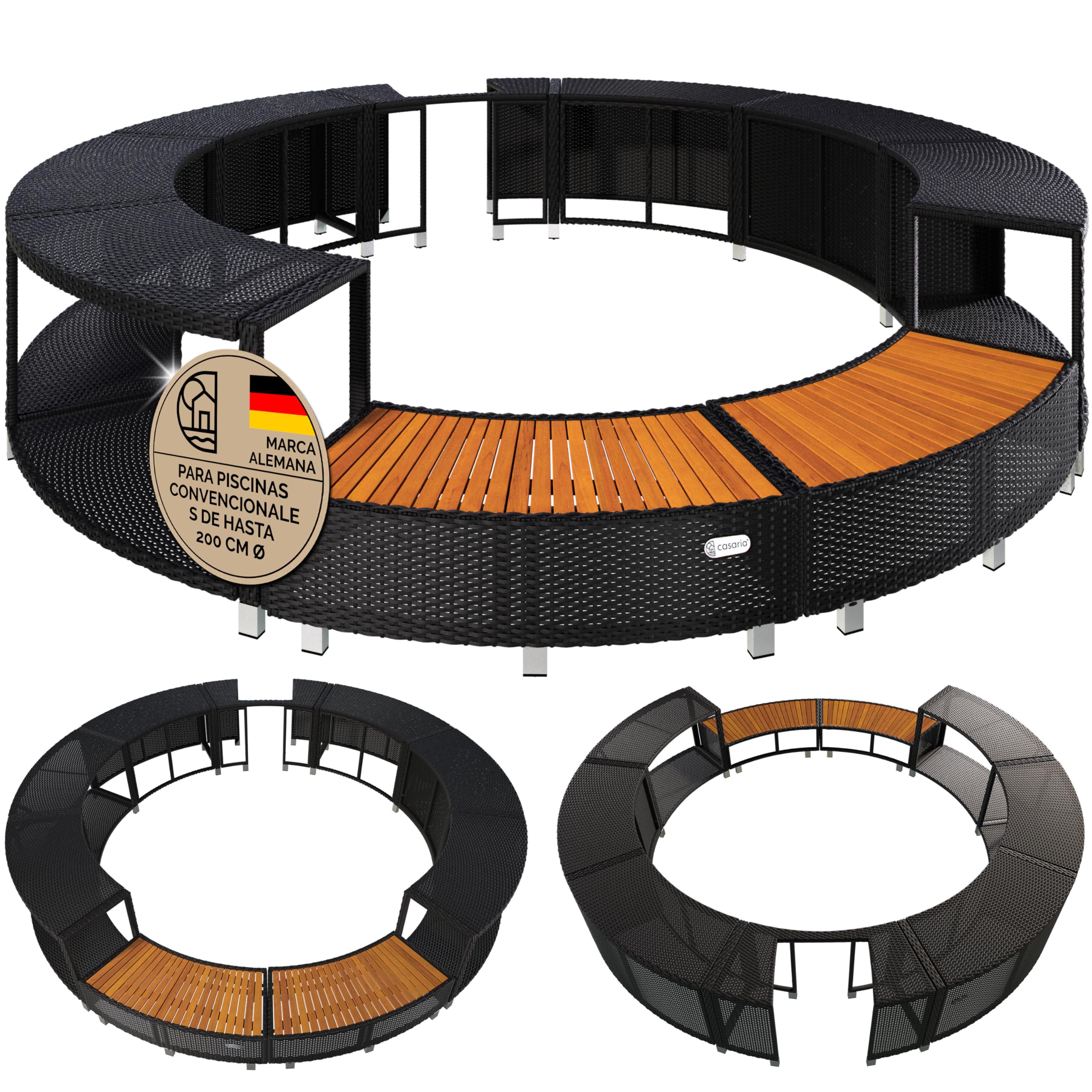 CASARIA Borde de Bañera Hidromasaje Soporte Piscina SPA Ø206cm Poliratán Madera FSC® Acero Exteriores