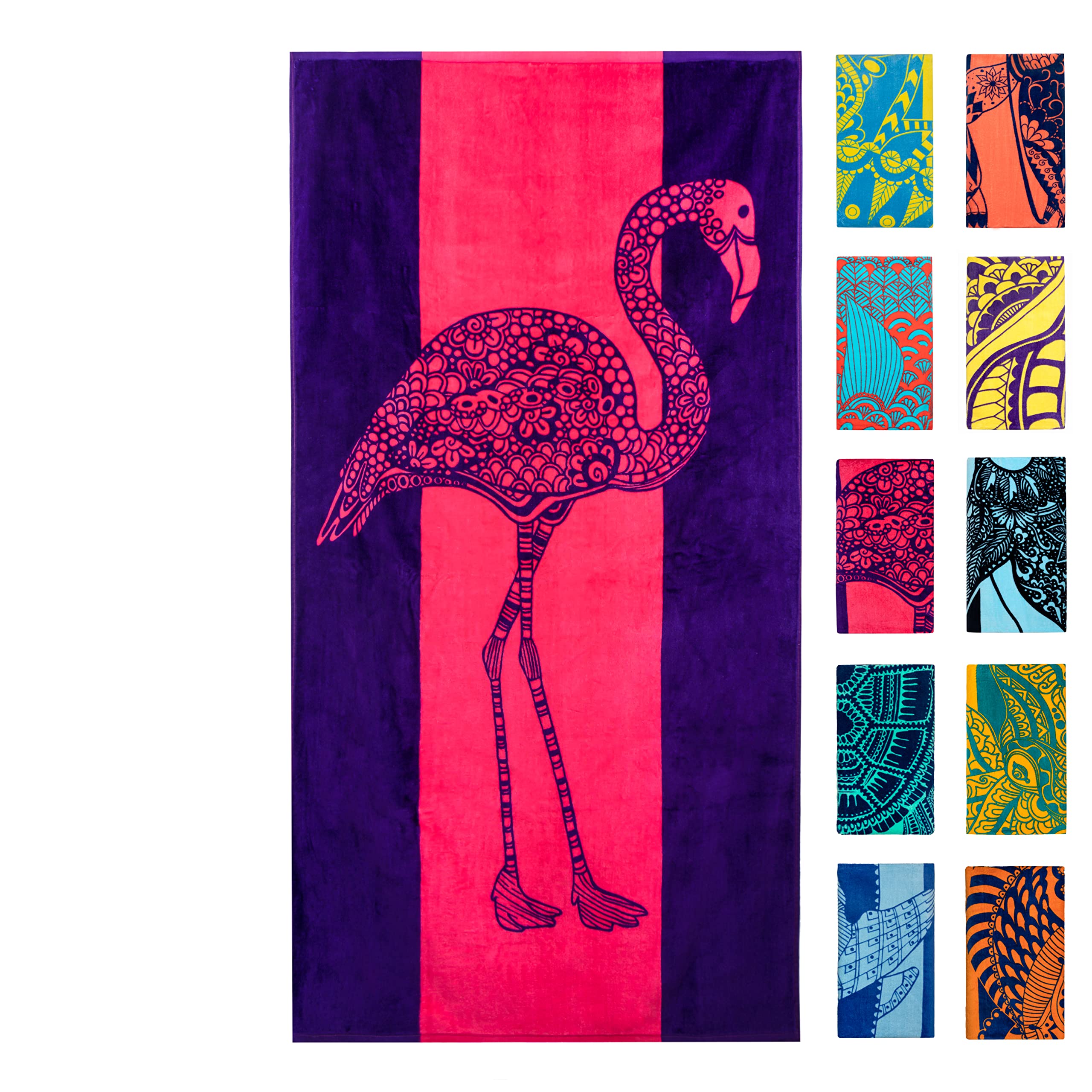 Nova Blue Flamingo Beach Towel – Pink and Purple with A Cute Design, Extra Large, XL (34”x 63”) Absorbent & Portable, Lightweight, Pink Beach Towel, Made from 100% Cotton