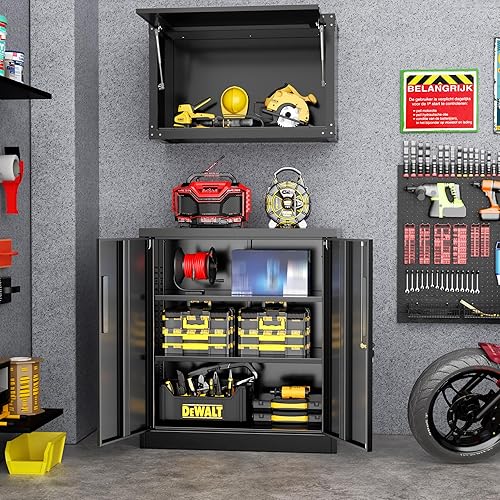 Vista 73 de Greenvelly Armario de almacenamiento de metal para garaje, gabinete de acero negro con bloqueo de 72 pulgadas con puertas y 4 estantes, armarios