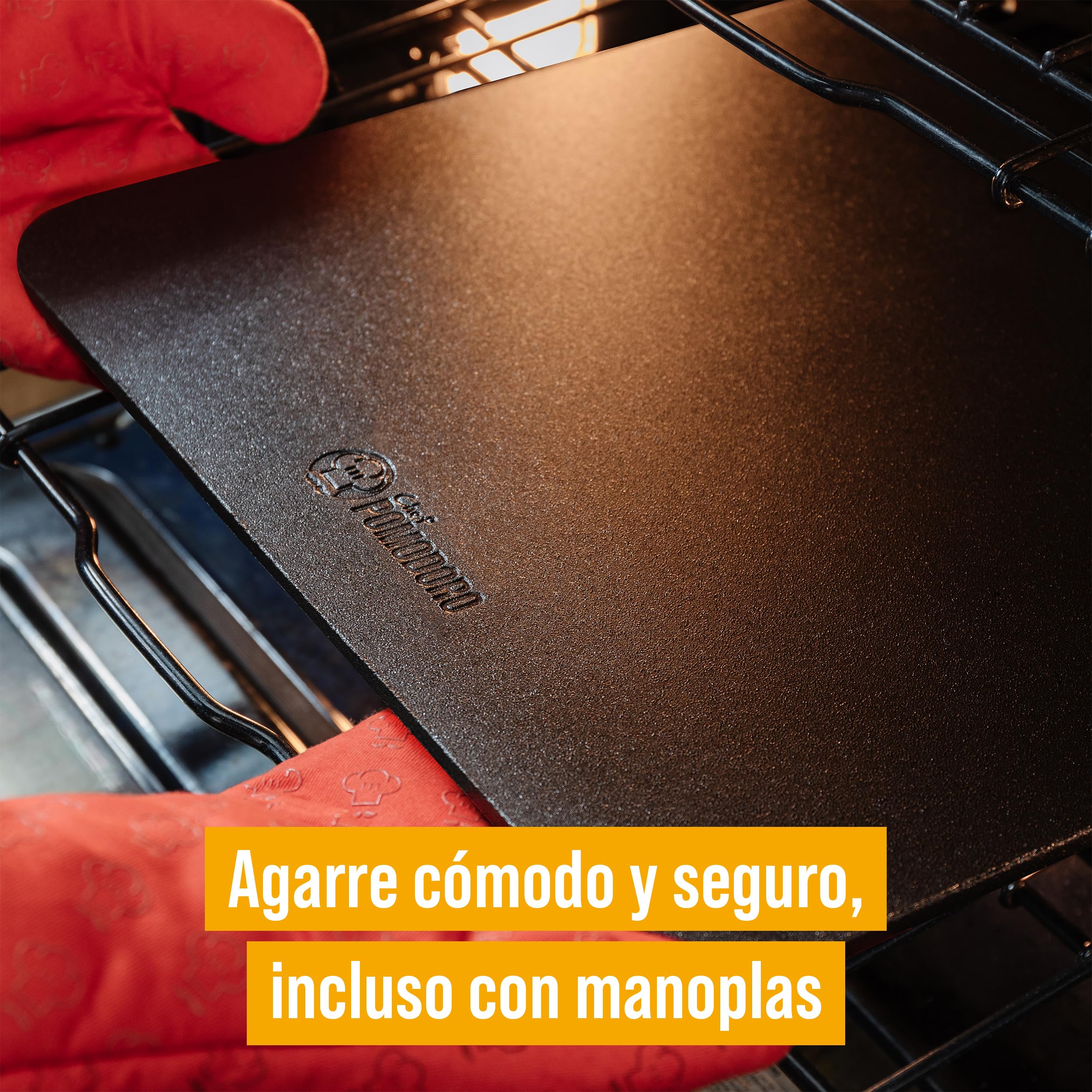 Chef Pomodoro Piedra Pizza Horno 40,6 x 40,6 cm (6,35 mm), Placa Acero Horno Pizza, Placa Acero Pizza, Plancha, Pedra Para pan y pizza, Tabla de Piedra en acero con orificios para levantar