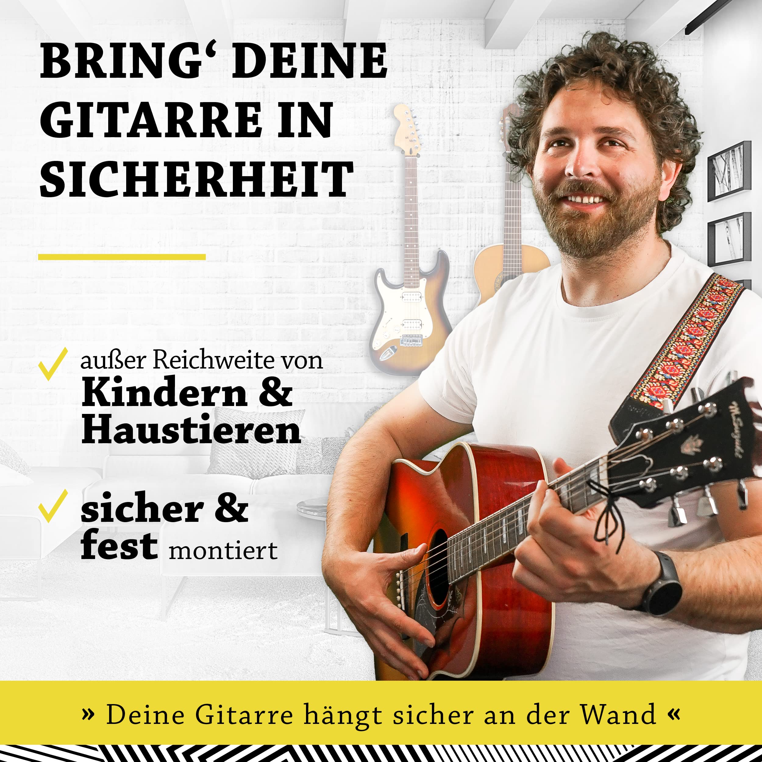 BELFORT® Uchwyt ścienny do gitary [2 sztuki] + szkoła gitarowa — uchwyt ścienny na gitarę – uchwyt ścienny na gitarę, odpowiedni do wszystkich instrumentów strunowych