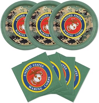 U.S. Marines Party for 32 Guests! Includes 32 ea. 10 XL Plates and Luncheon Napkins with Licensed Marines Camo & Coat of Arms. Retirement, Birthday or Official Events. by Havercamp
