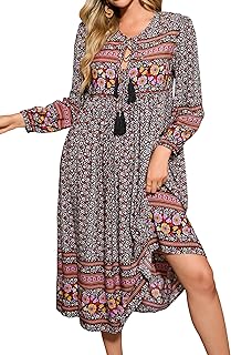 Women's Long Sleeves Floral Print Retro V Neck Tassel Casual Bohemian Midi Dresses
