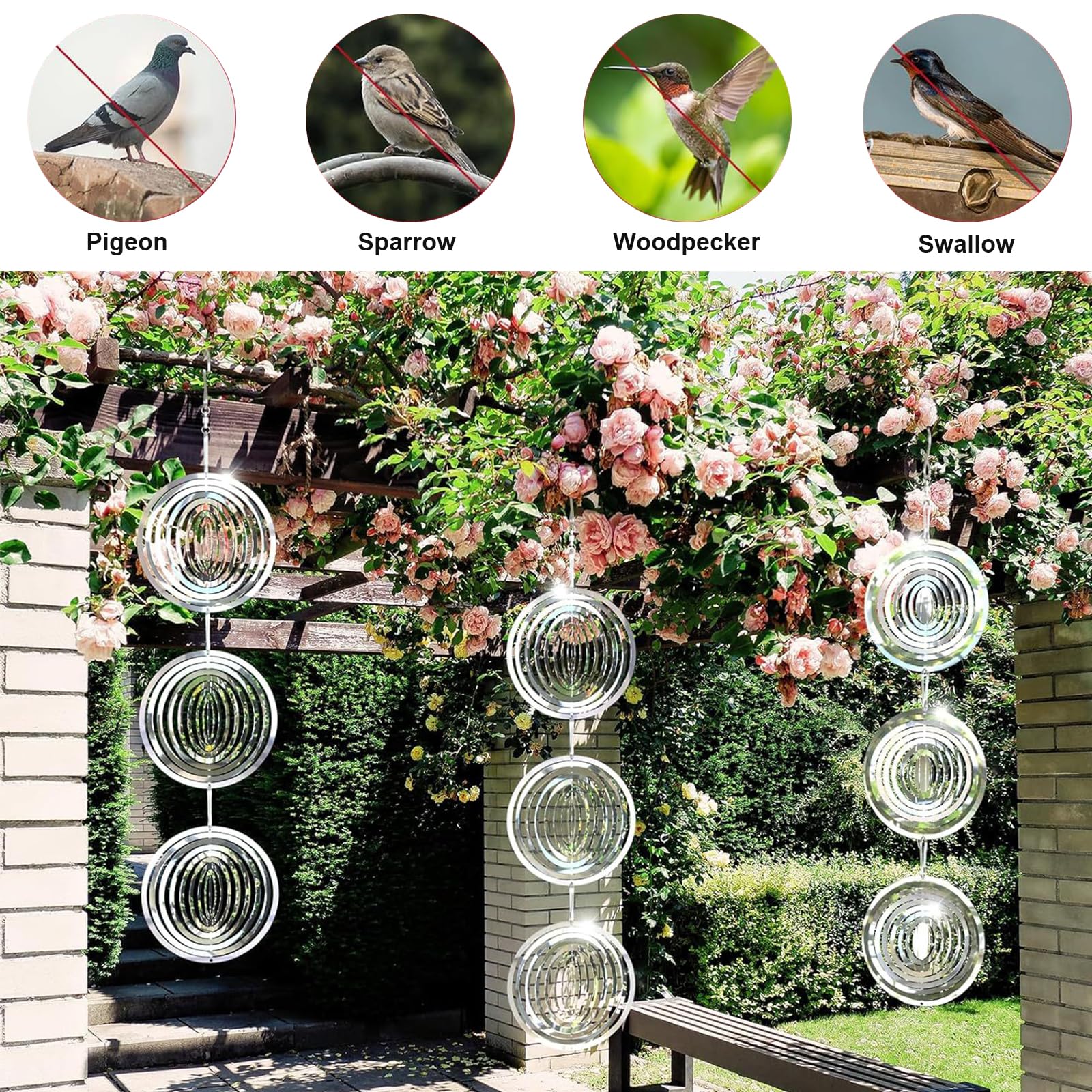 3 Pcs Campanas de Viento Espantapajaros, Giratorio 3D de Acero Inoxidable, Molinillo de Viento para Exterior, Ahuyentador de Pajaros para Jardín y Patio