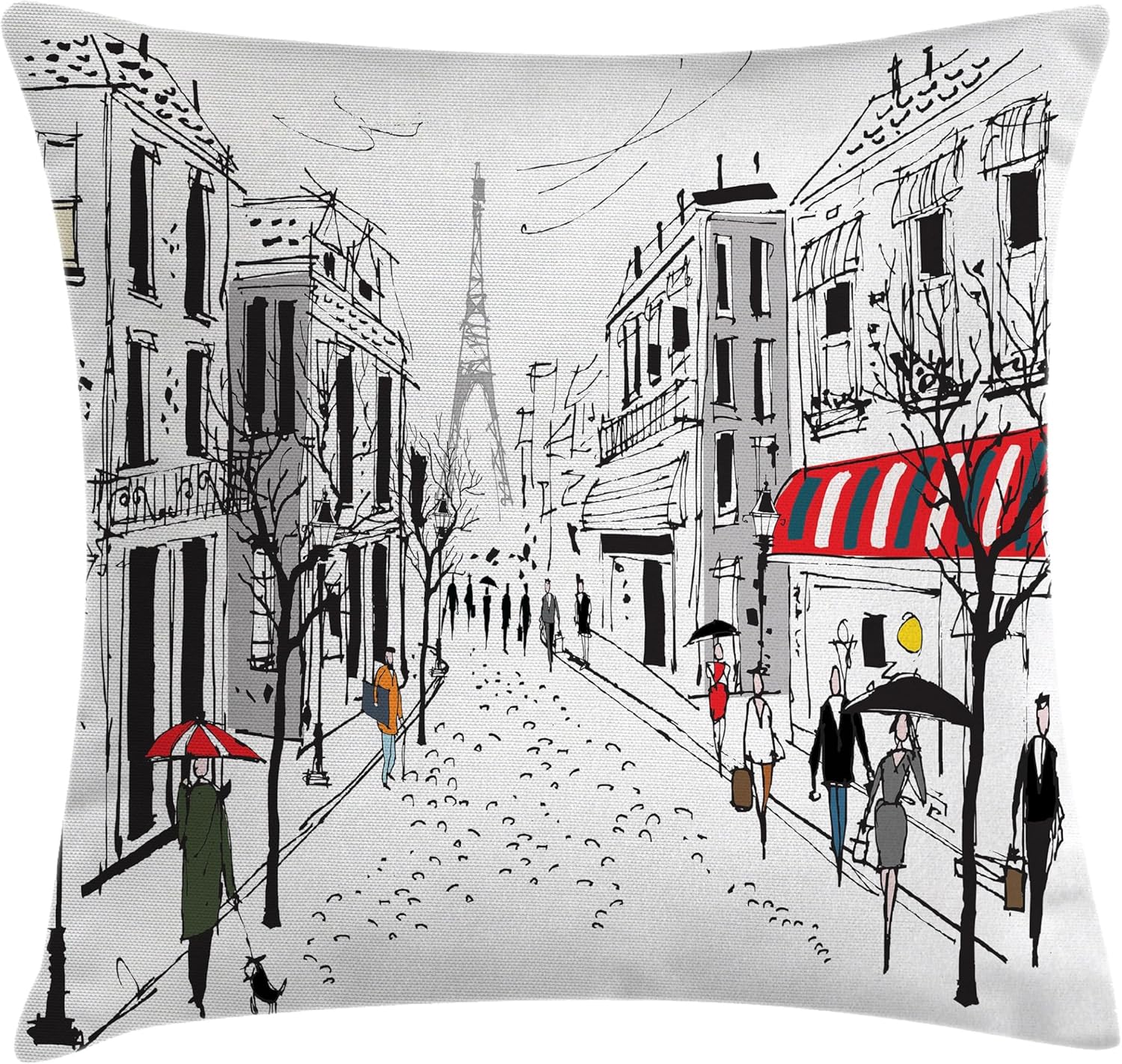 Ambesonne Paris Throw Pillow Cushion Cover, Old French Pedestrians Stores Trees and The Silhouette of Eifffel Urban Illustration, Decorative Square Accent Pillow Case, 24" X 24", Gray White
