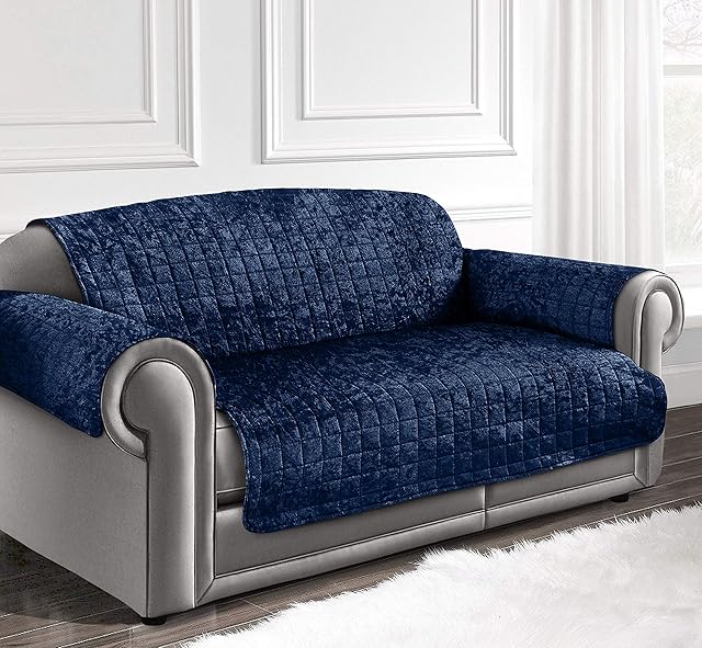 Original Luxury Crushed Velvet Sofa Quilted Protector Slip Cover for Pets Machine Washable (3 Seater/Sofa, Navy Blue)