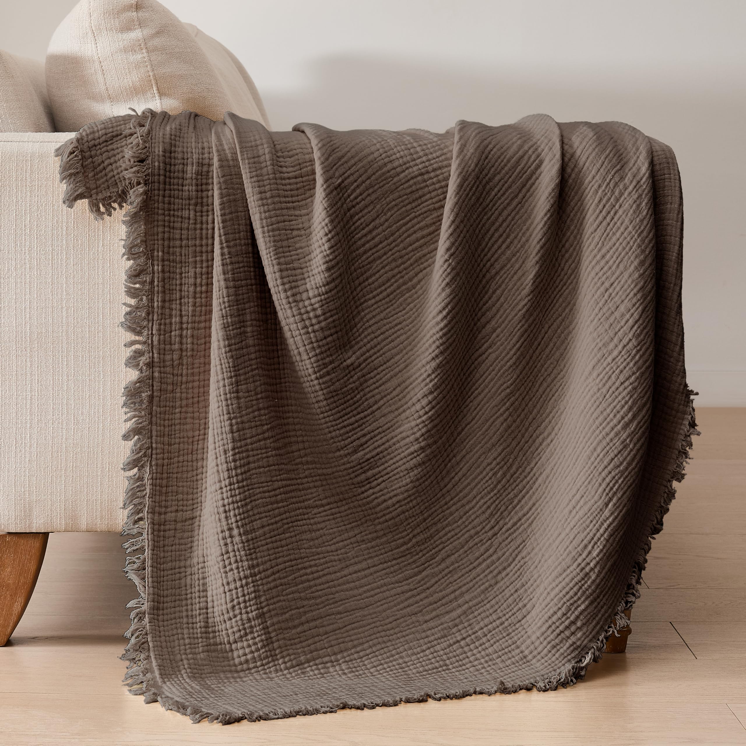 R.SHARE Manta de Muselina 100% Algodón para Adultos 225x270cm 4 Capas Colcha Cama 130x150cm Verano Primavera Suave Ligera y Transpirable Manta para Sofá Cama, Moca
