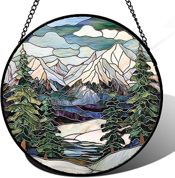Stained Glass Window Hanging, Green Trees Abstract Snow Mountain Suncatcher for Doors Window Home Landscape Sun Catchers Decor Mothers Day Birthday Gifts for Women Men Mom 11.8 in